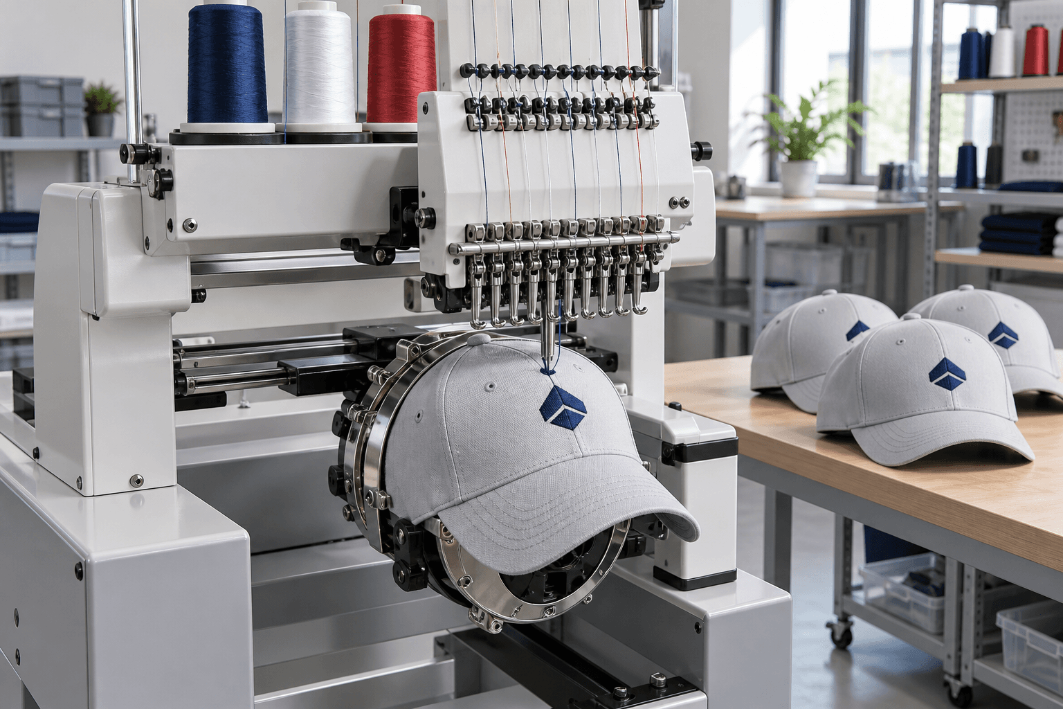 Illustrative embroidery machine stitching a design onto a cap.