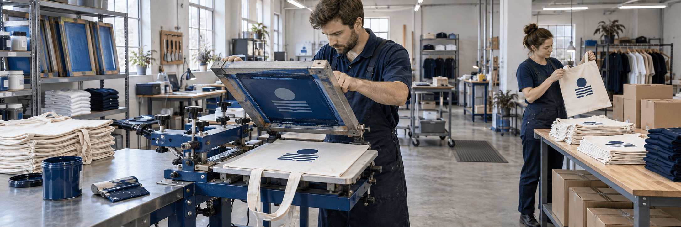 Illustrative workshop scene showing tote bag screen printing, inspection, and packing.