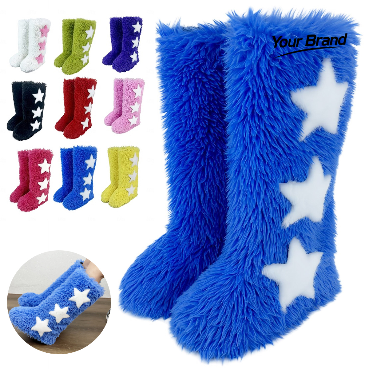 Trendy Faux Fur Knee High Star Patch Snow Boots