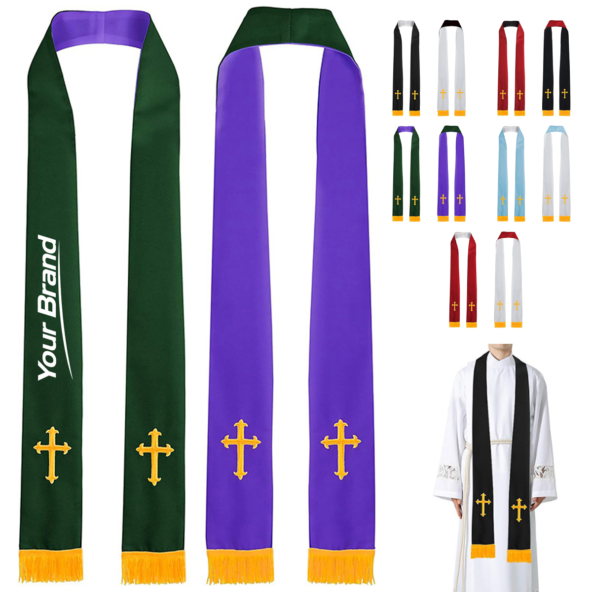 Reversible Cross Embroidered Clergy Stole for Adults