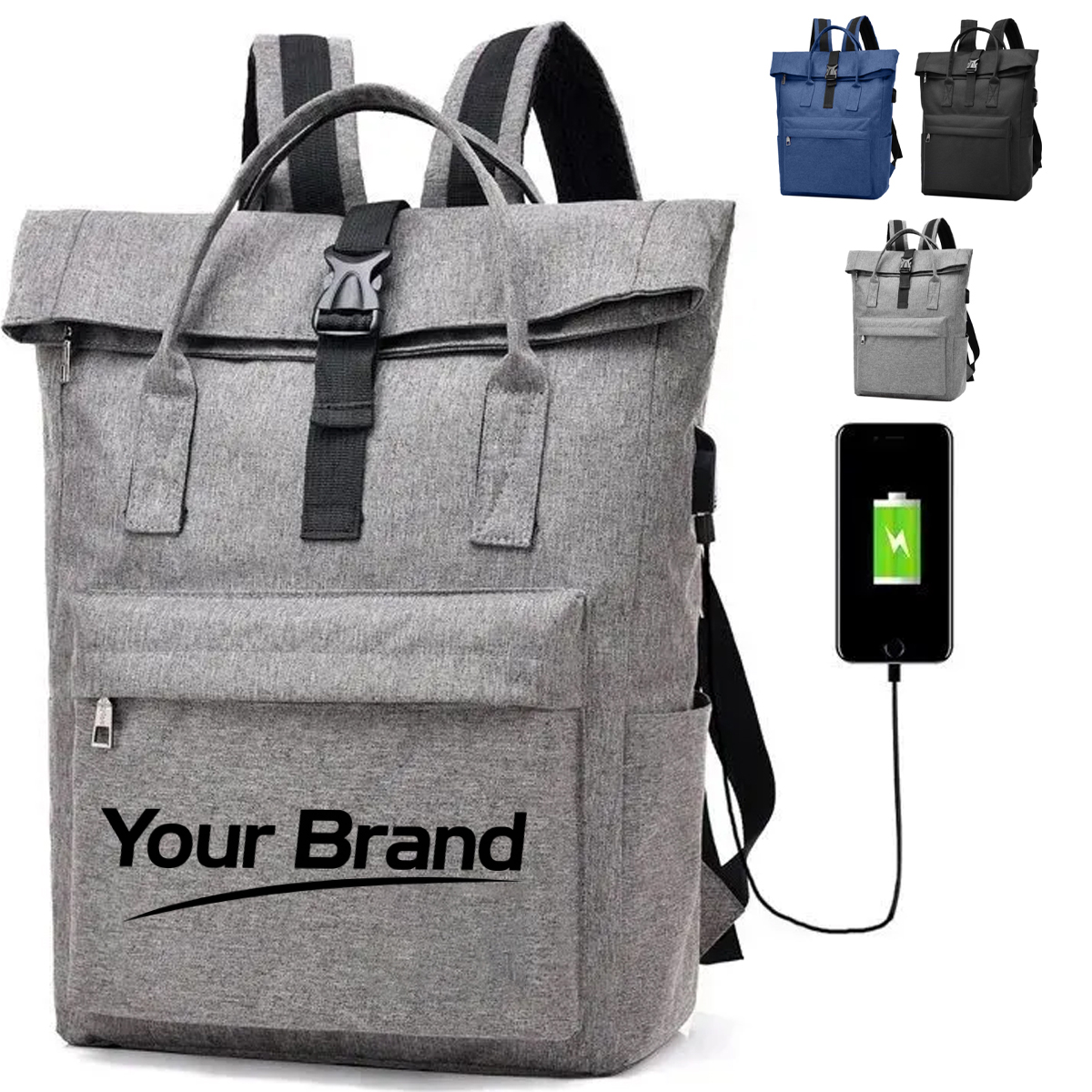22L Roll Top USB Laptop Backpack with Buckle Closure