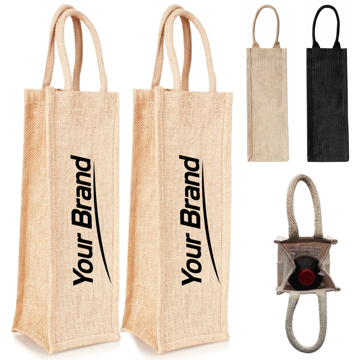 Jute Single Bottle Wine Tote Bag with Carry Handles