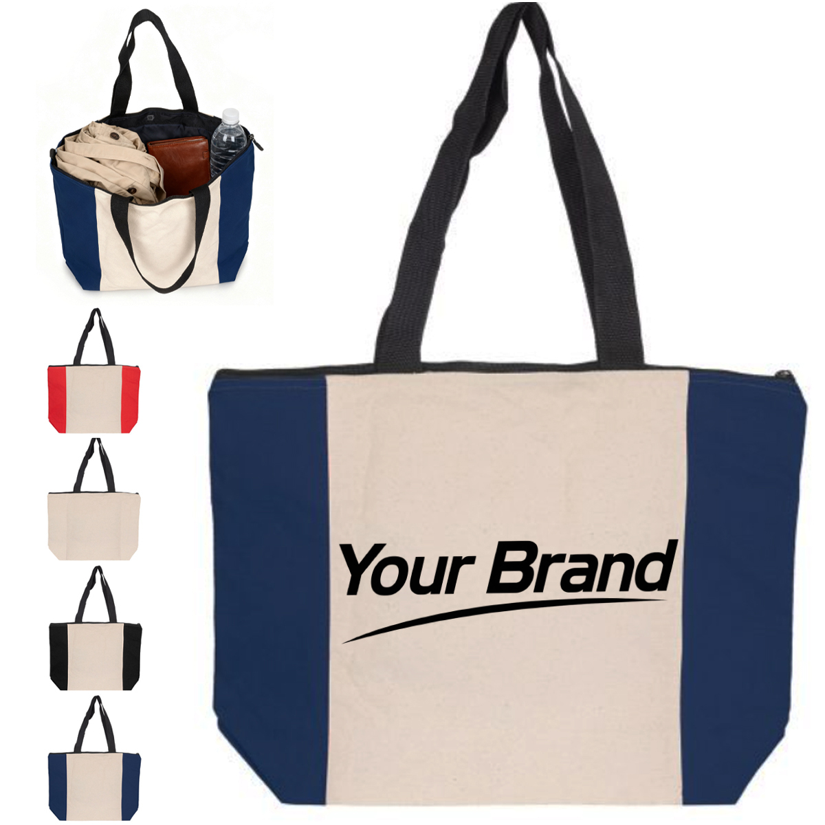 Two Tone Canvas Tote Bag with Zipper Closure