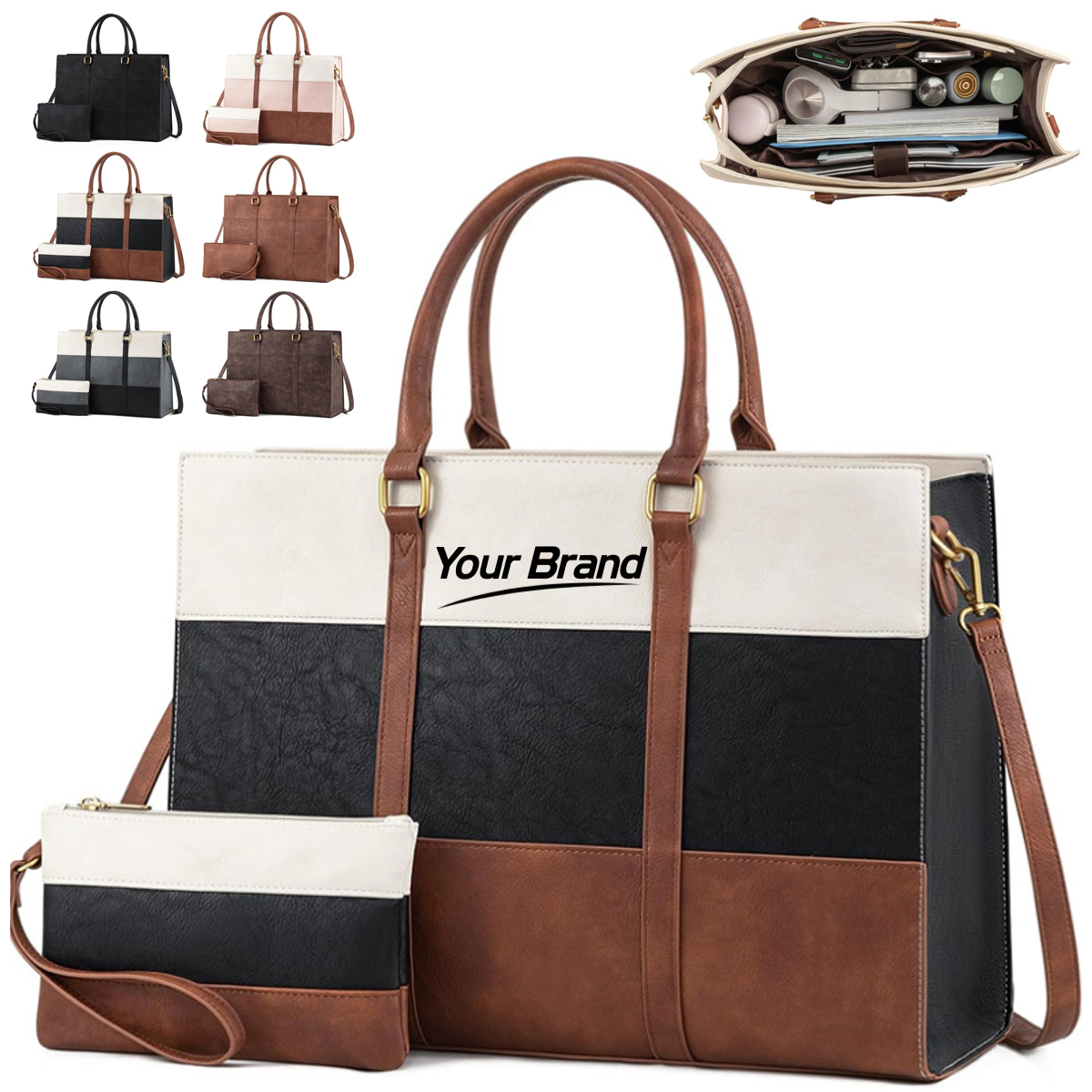 PU Leather Color Block Tote Bag Set with Matching Pouch