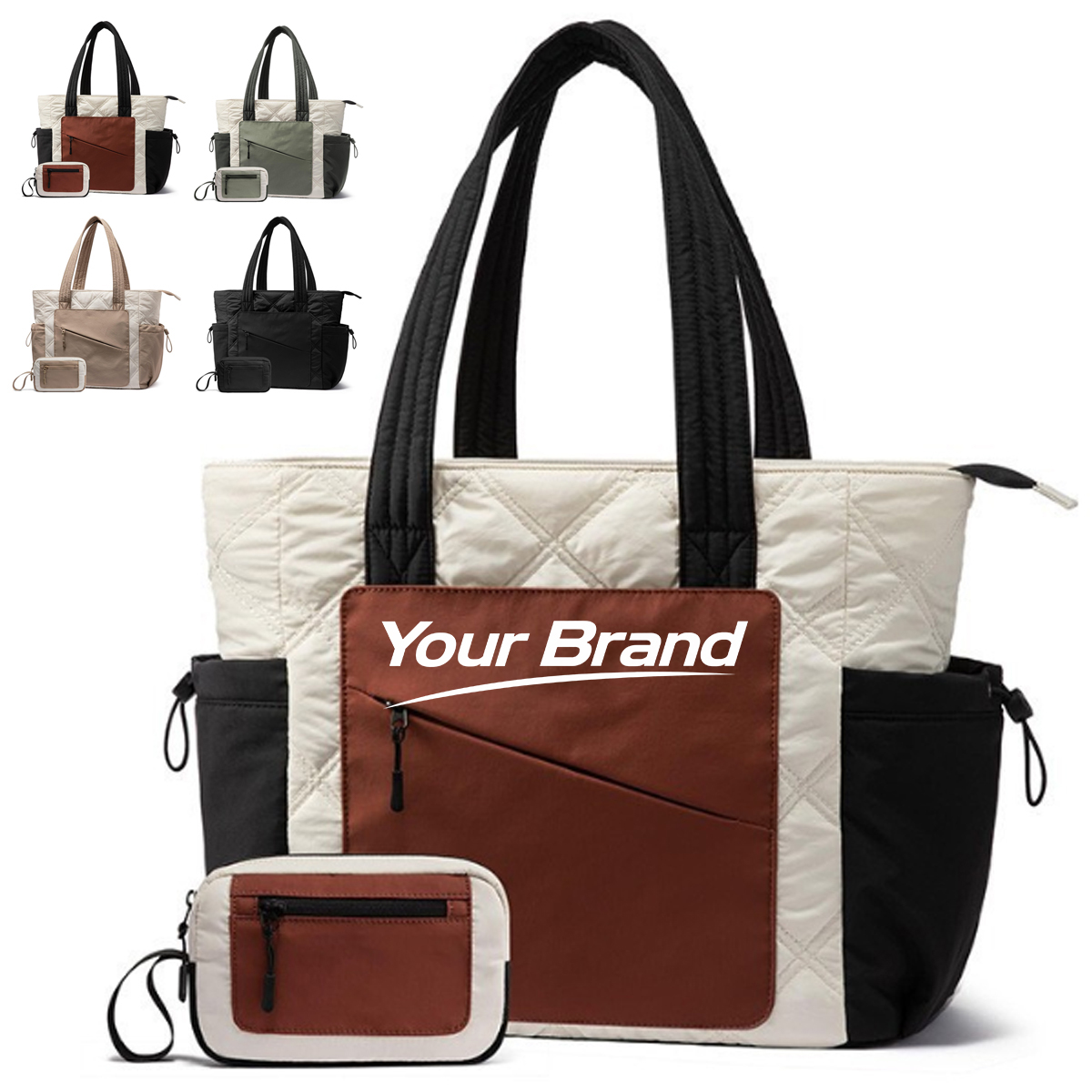 Nylon Color Block Tote Bag Set with Pouch for Everyday Use