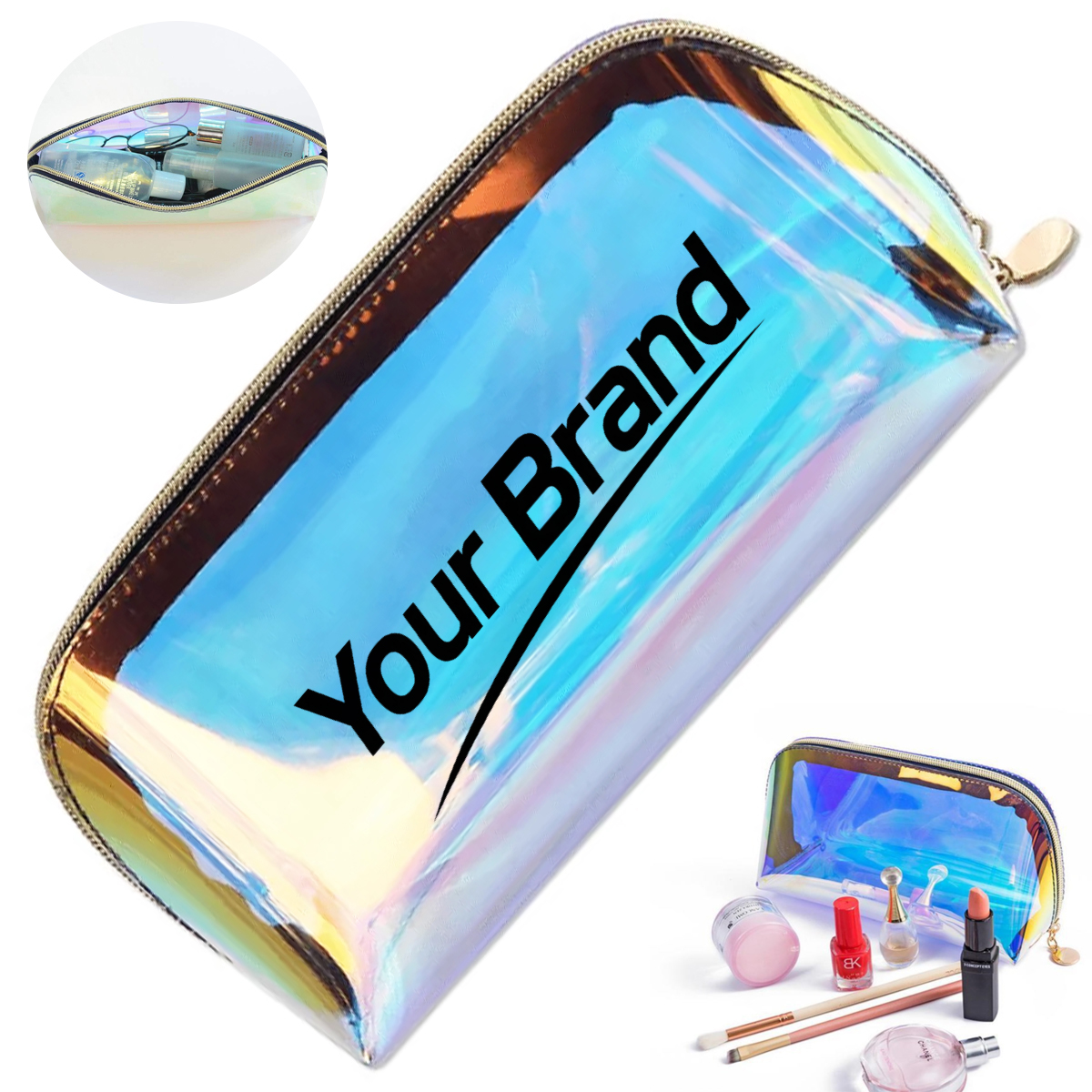 Iridescent Holographic PVC Makeup Pouch with Zipper