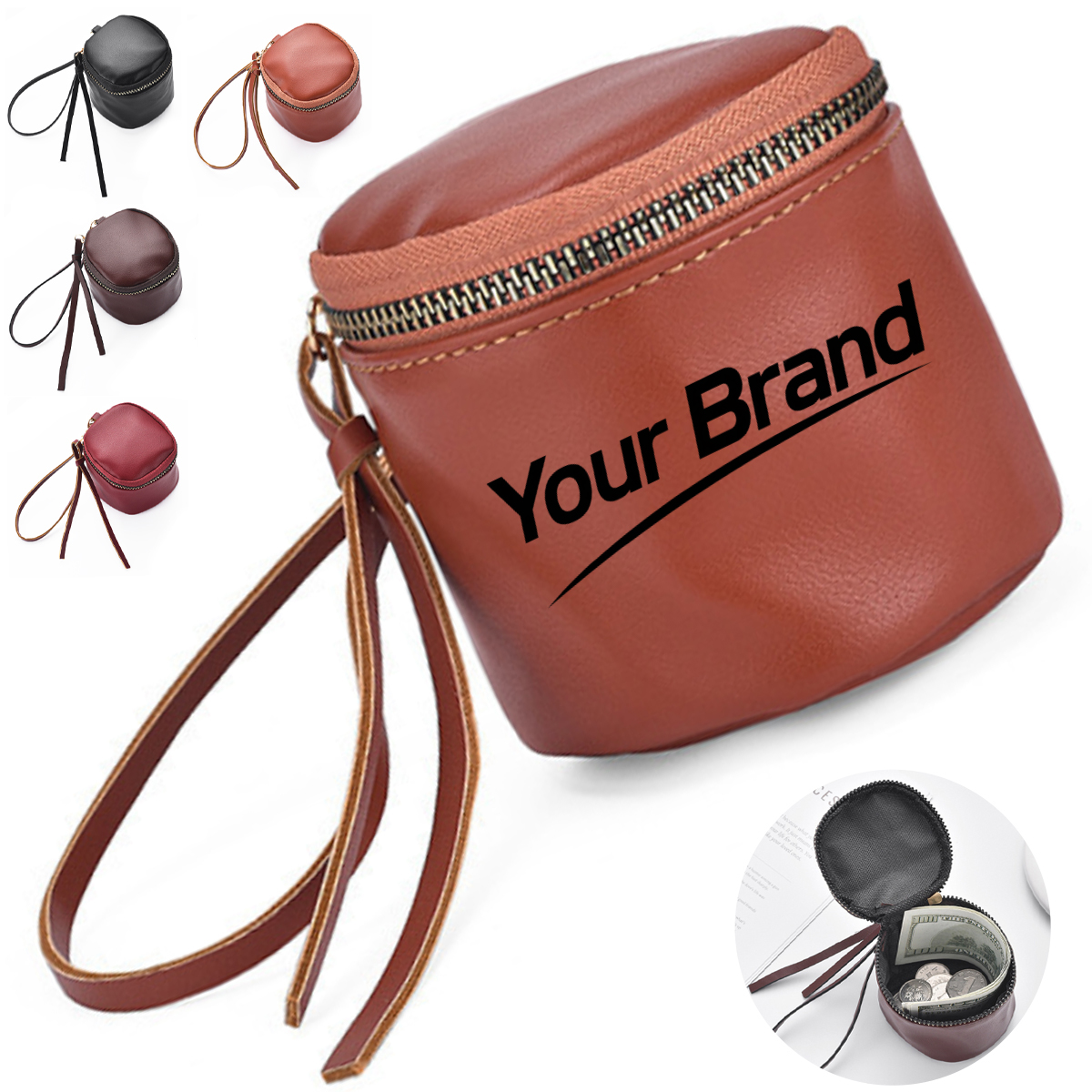 PU Leather Round Zipper Pouch with Wrist Strap
