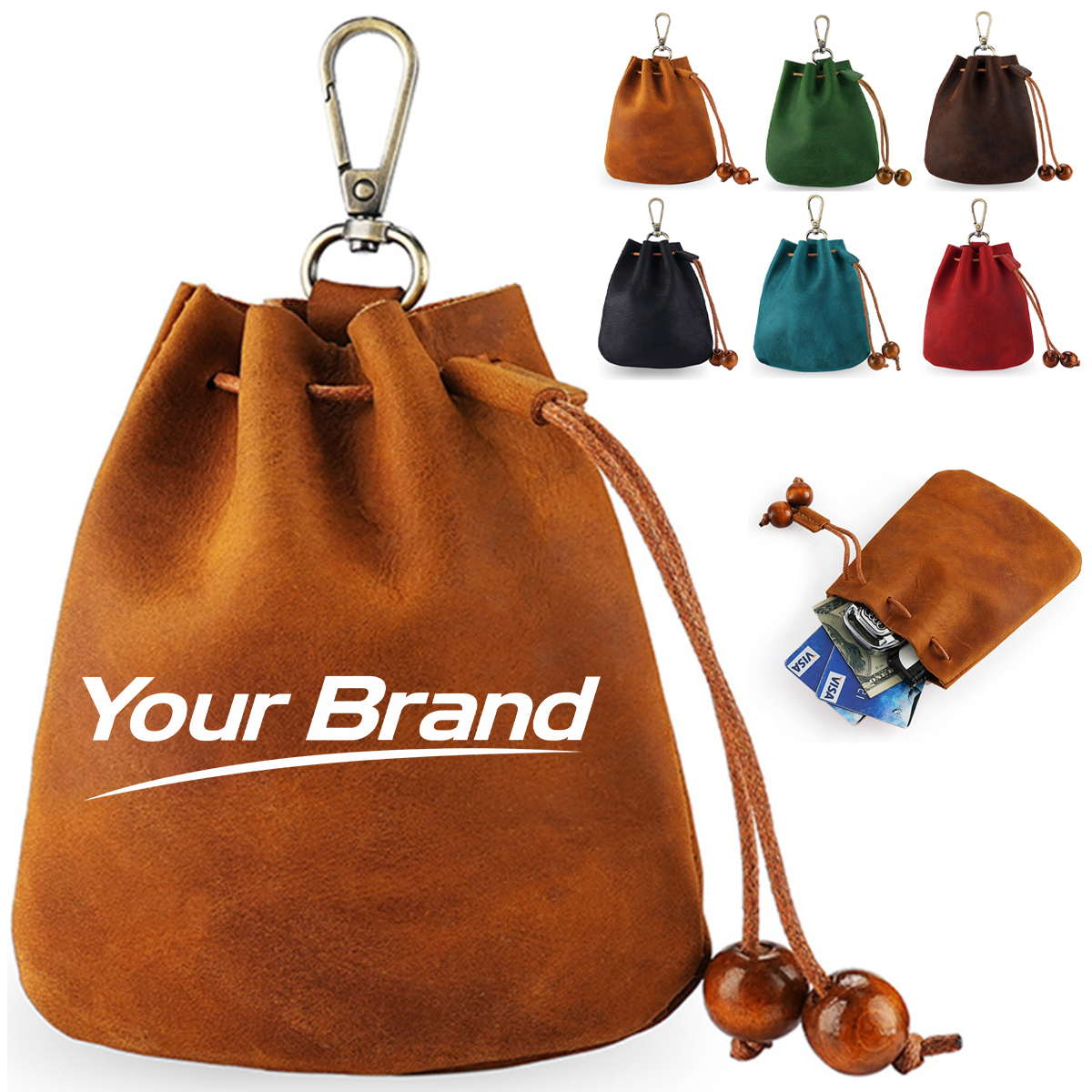 Leather Drawstring Pouch with Keychain Clip for Small Items