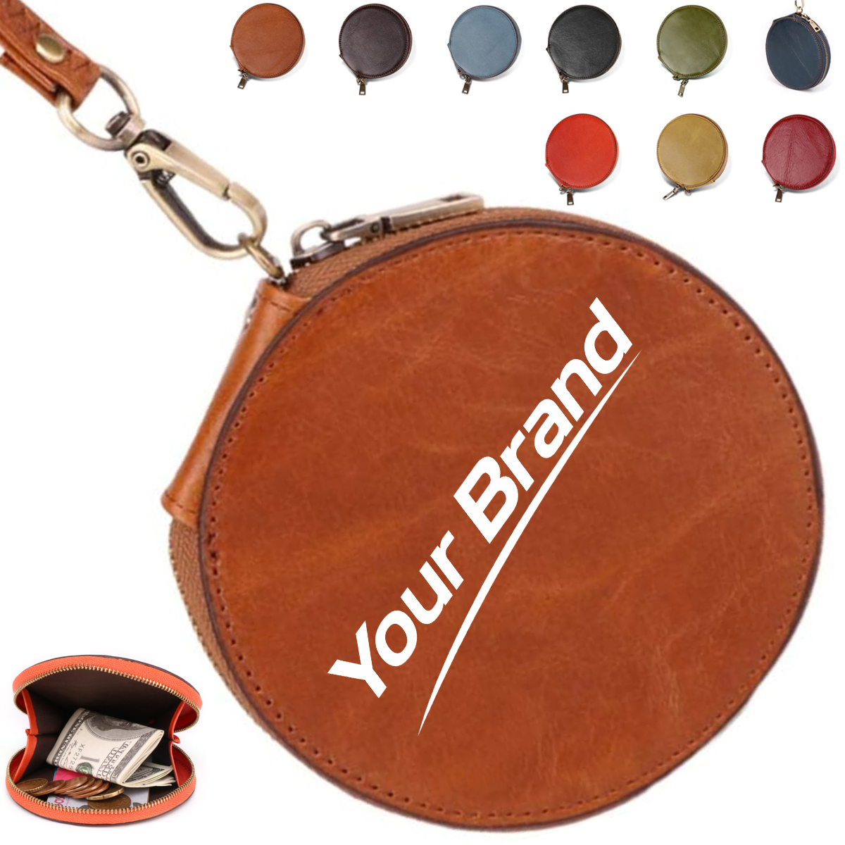 Round Leather Zipper Coin Pouch for Accessories and Gifts