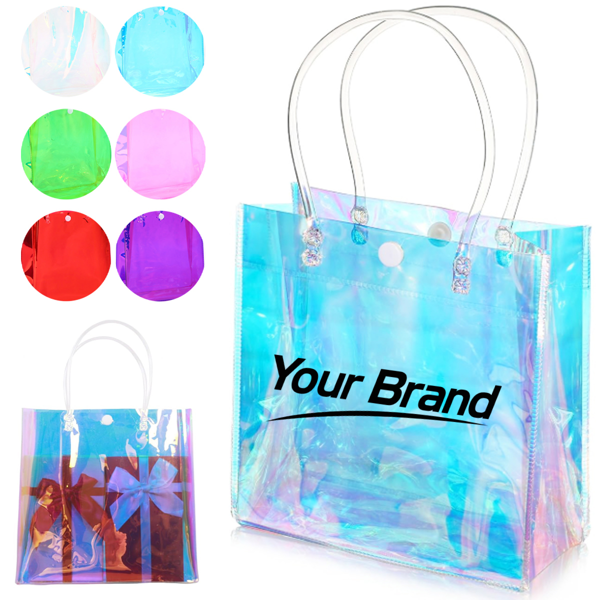 Holographic PVC Transparent Tote Bag with Leather Handle