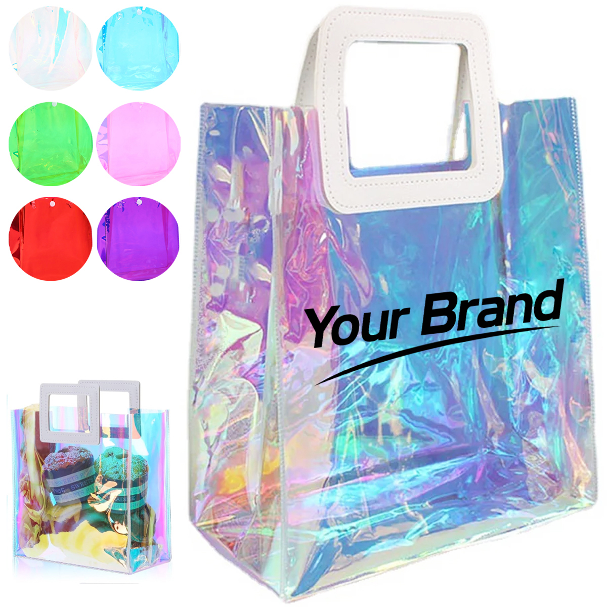 Holographic PVC Transparent Tote Bag with Leather Handle