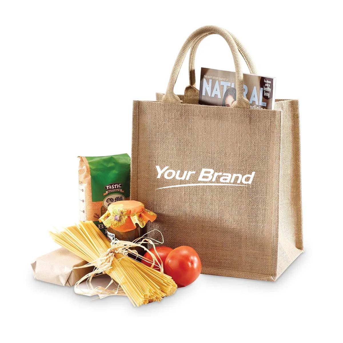 Natural Jute Burlap A4 Tote Bag W/ White Cotton Rope Handles
