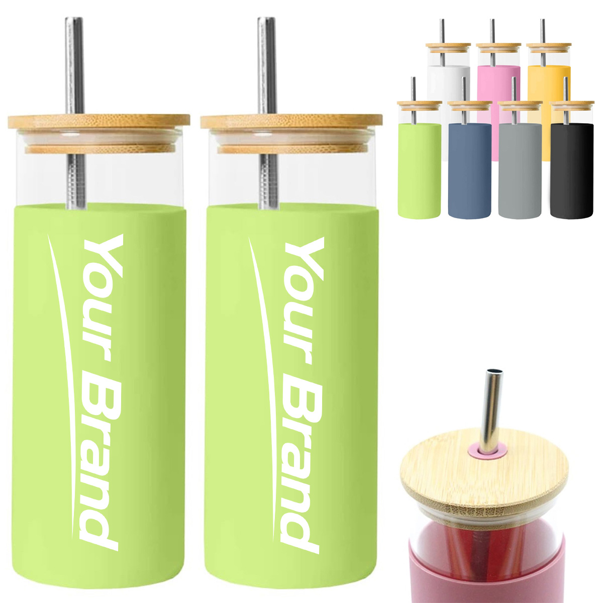 14 oz. Glass Tumbler w/ Bamboo Lid, Straw & Silicone Sleeve