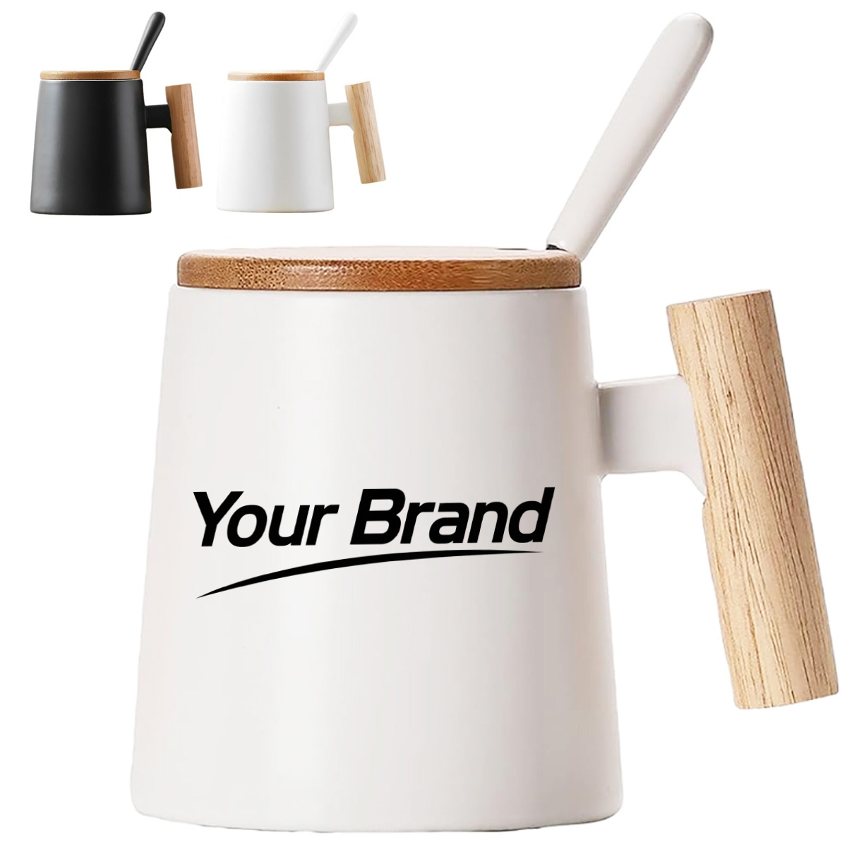 14 oz. Ceramic Mug with Wooden Handle, Lid and Spoon