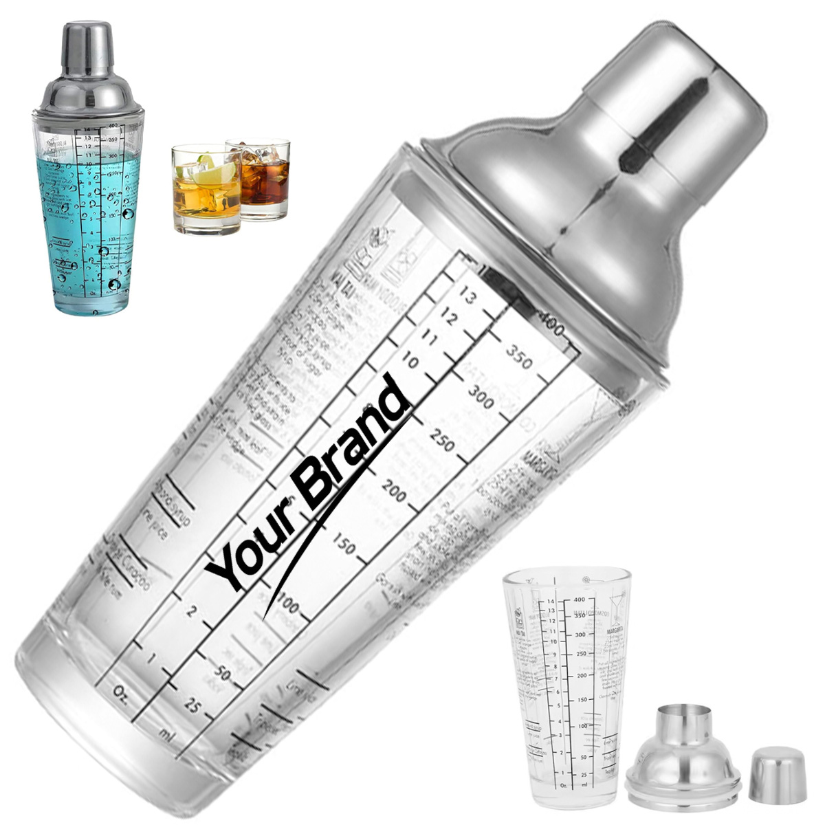 15 oz. Glass and Stainless Steel Cocktail Shaker with Recipes