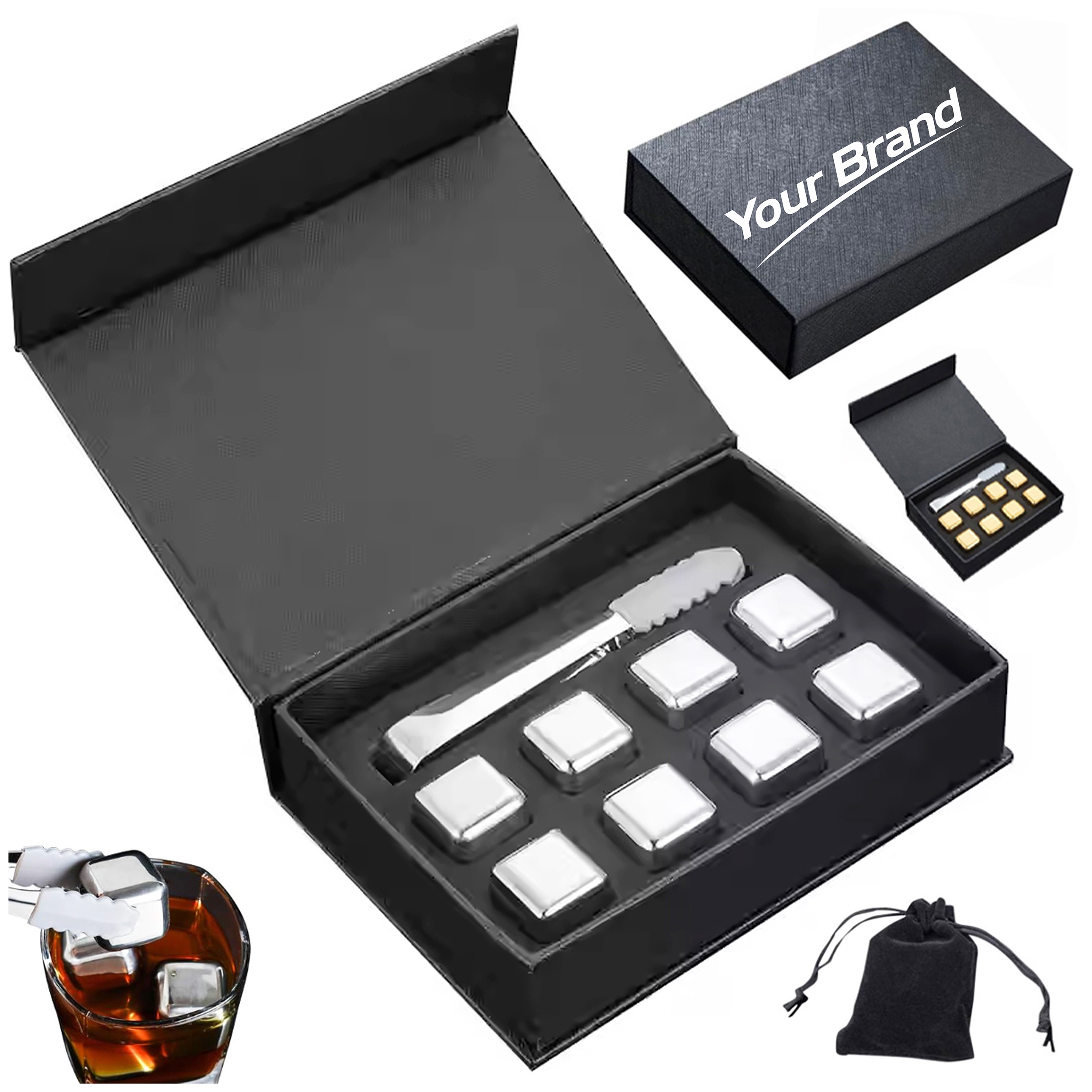 Stainless Steel Whiskey Stones Set with Ice Tongs
