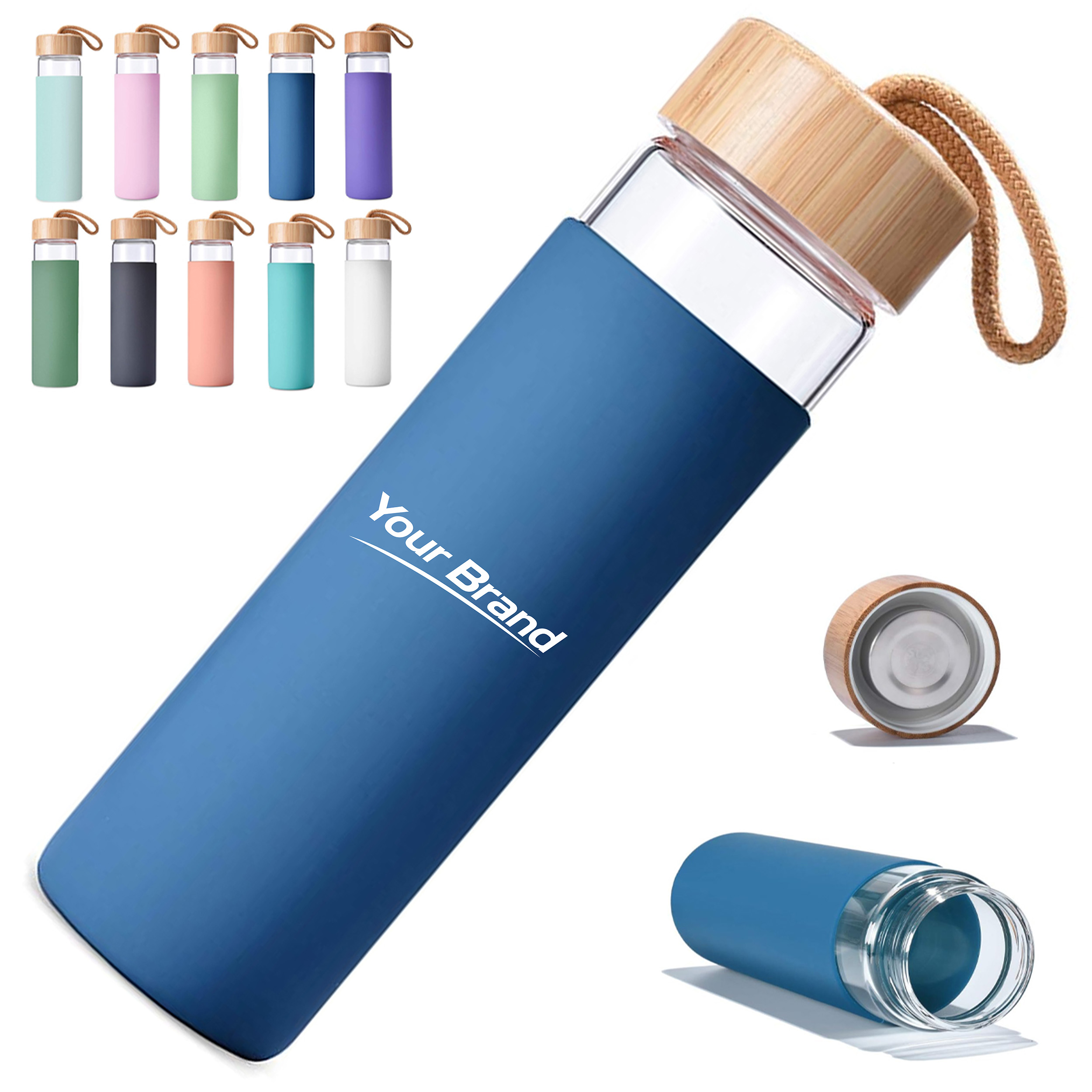 19oz. Glass Water Bottle w/ Lid & Silicone Sleeve & Strap