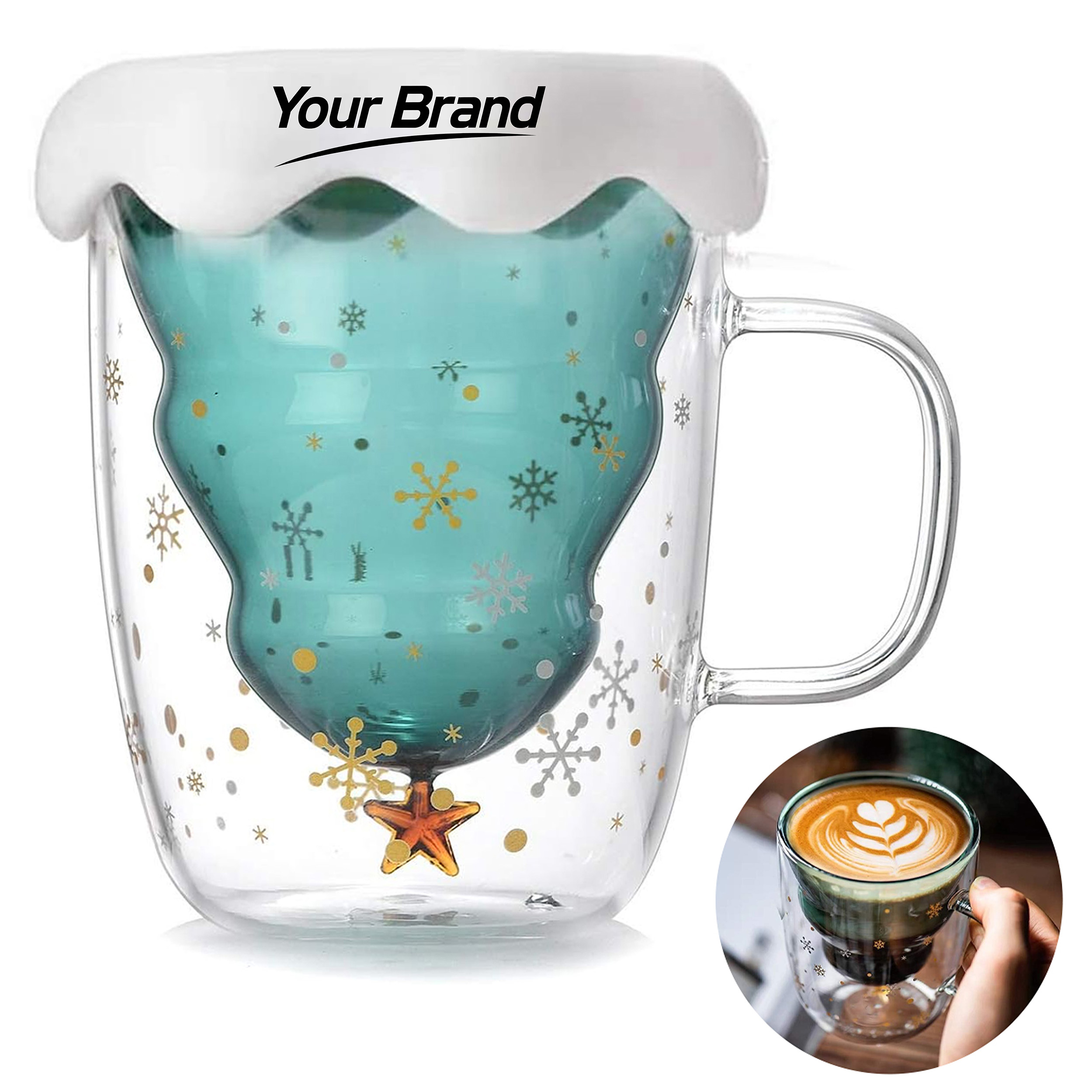 10oz. Double Wall Glass Mug w/ Christmas Tree Design and Lid