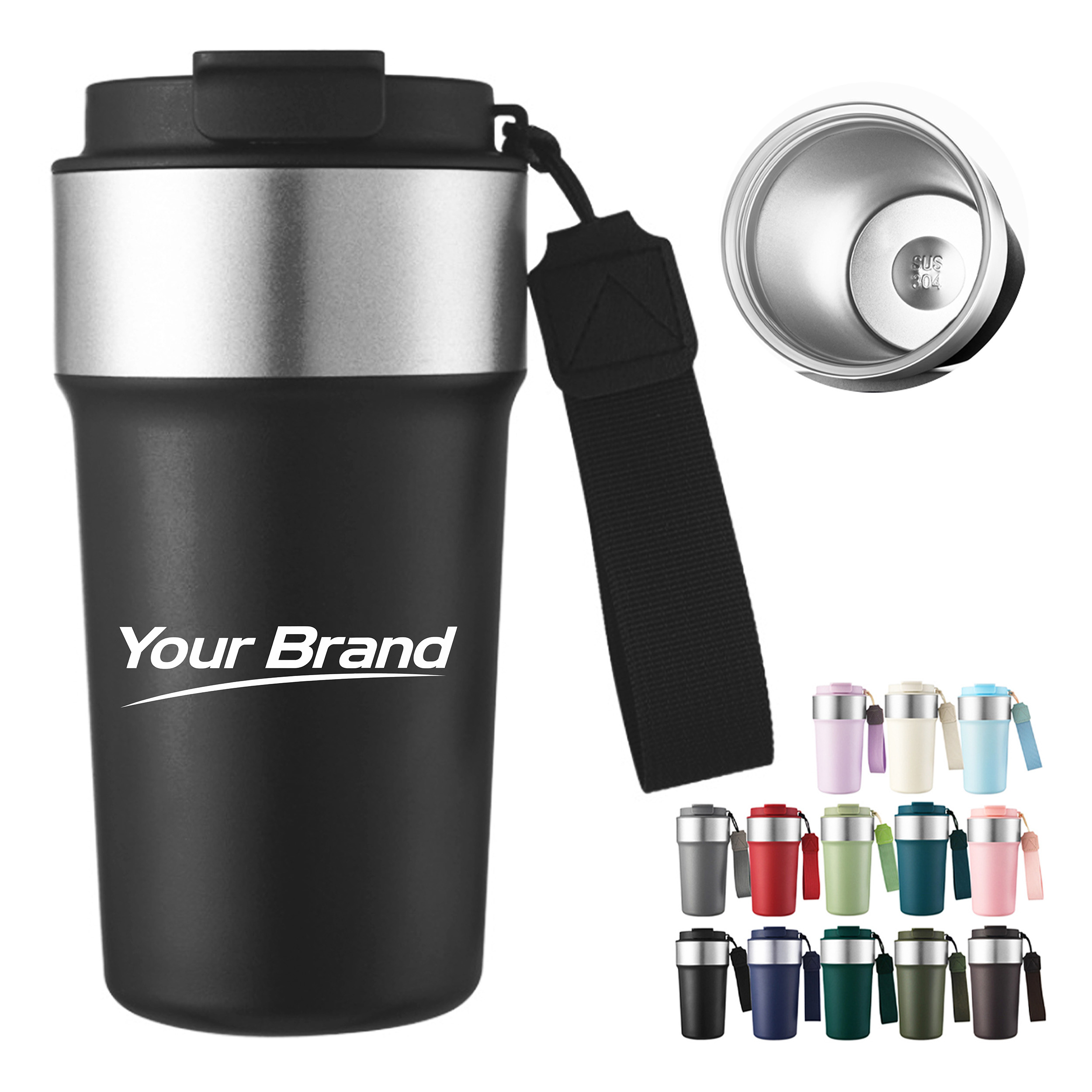 17oz. Stainless Steel Coffee Tumbler w/ Strap Lid and Straw