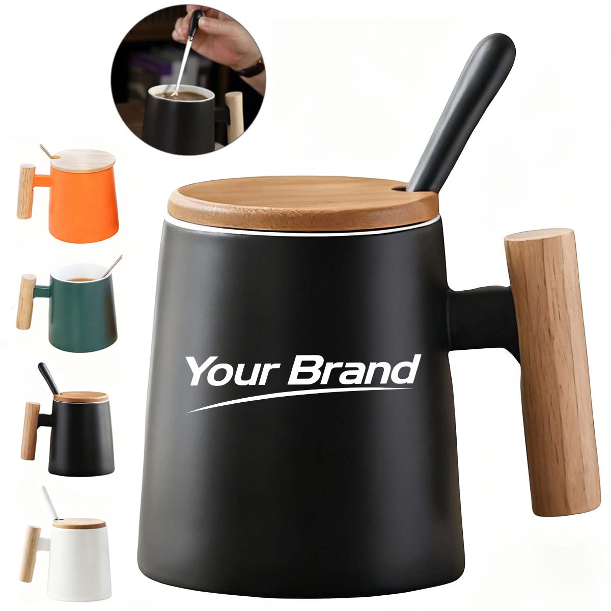 15oz. Ceramic Mug with Wooden Handle Lid and Spoon