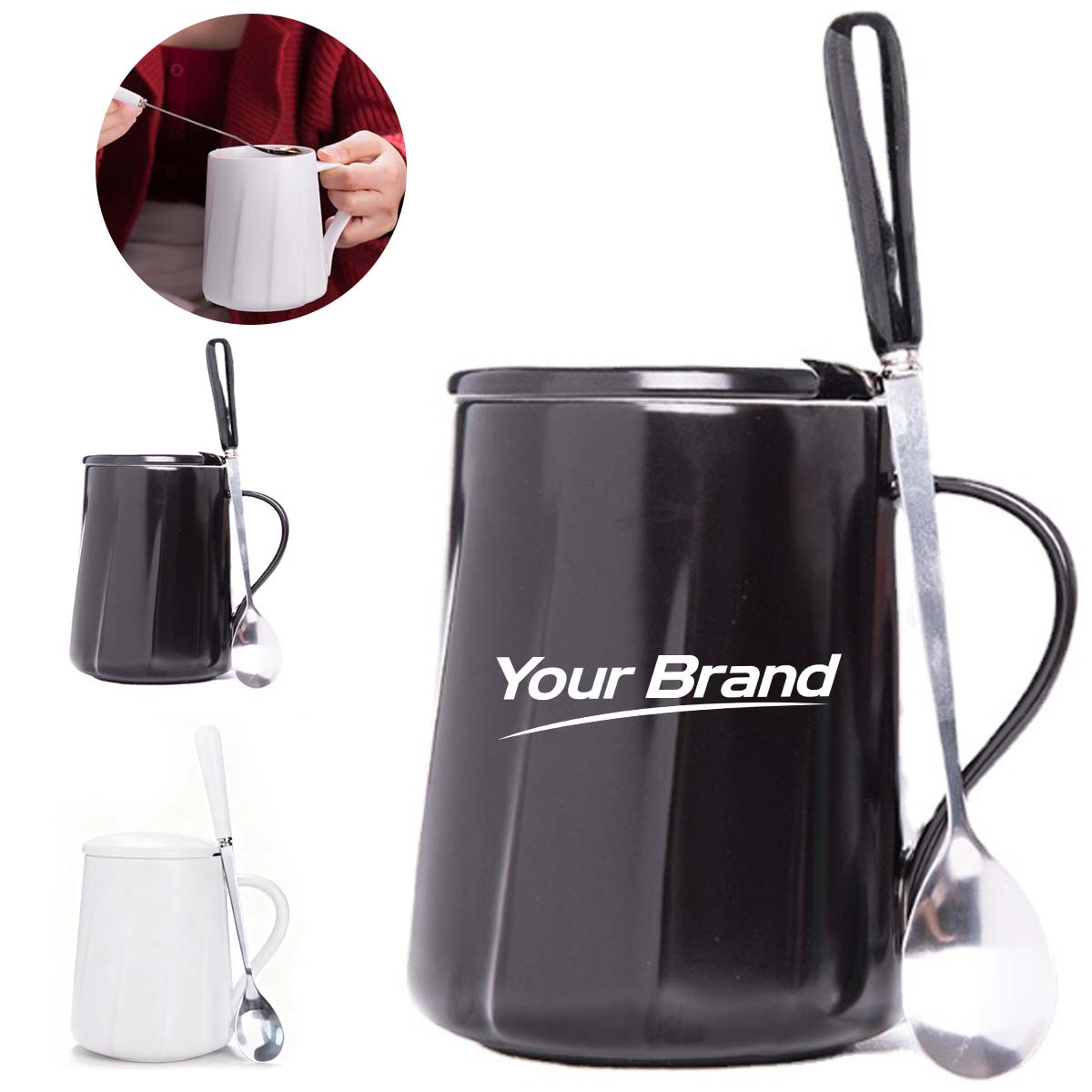13oz. Ceramic Mug with Lid and Spoon for Office and Home