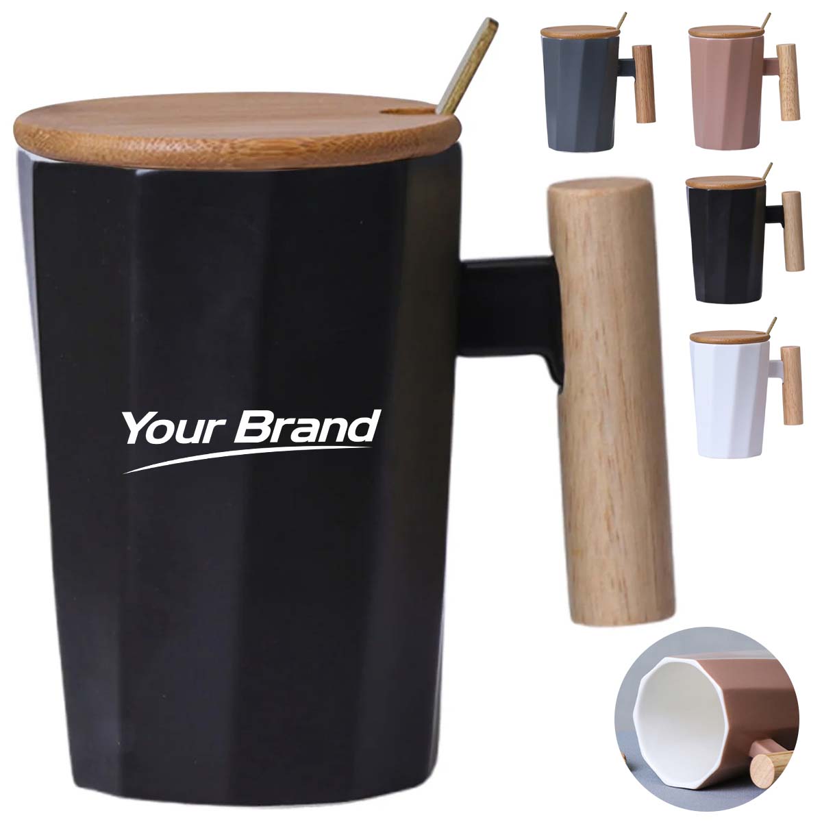 12oz. Ceramic Mug w/ Wooden Handle Lid & Spoon