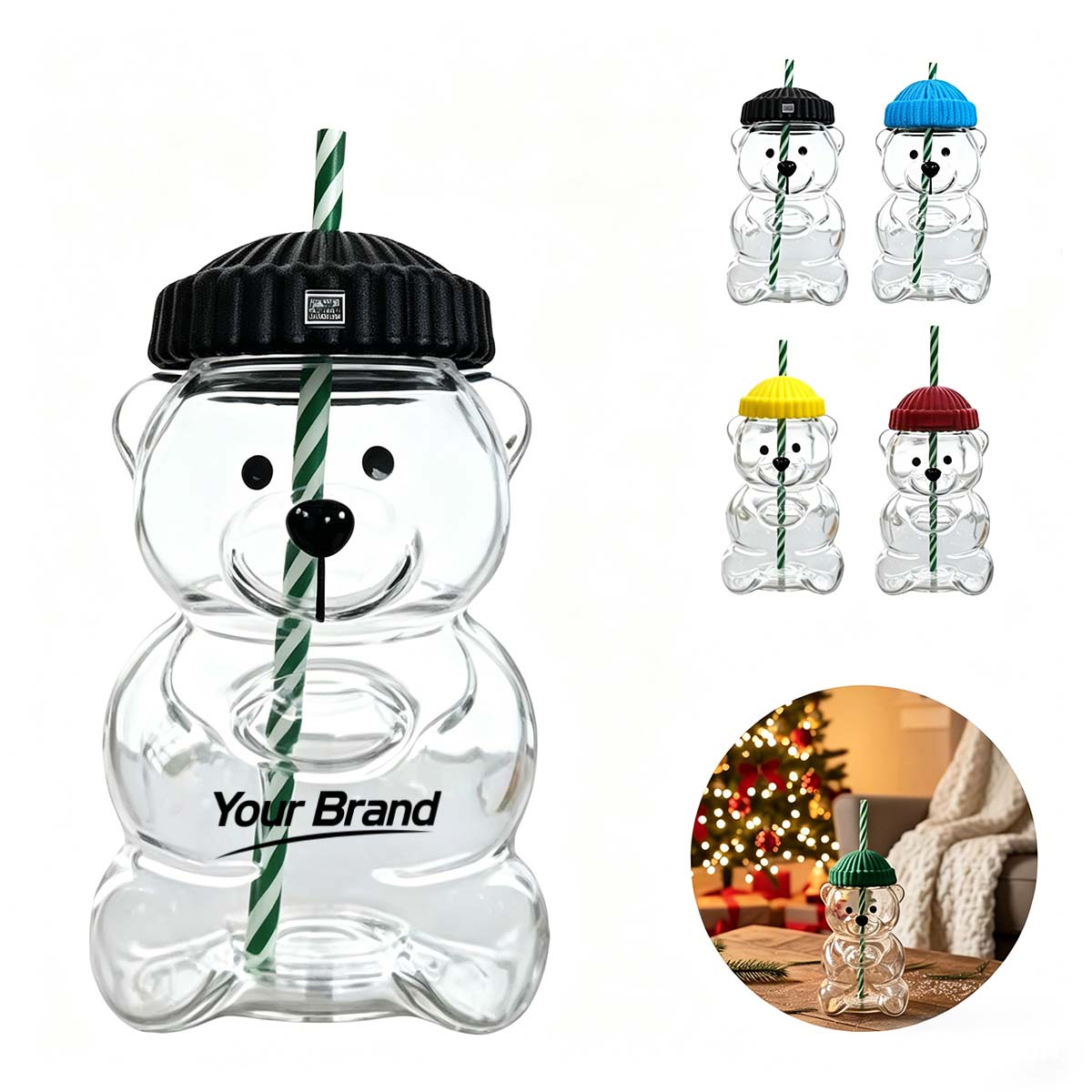 20oz Bear Shape Drinking Jar With Straw Lid