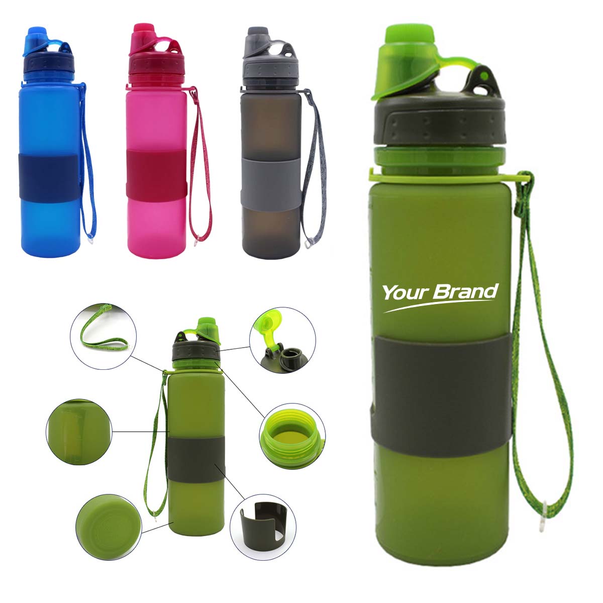 17oz Collapsible Silicone Sports Water Bottle With Strap