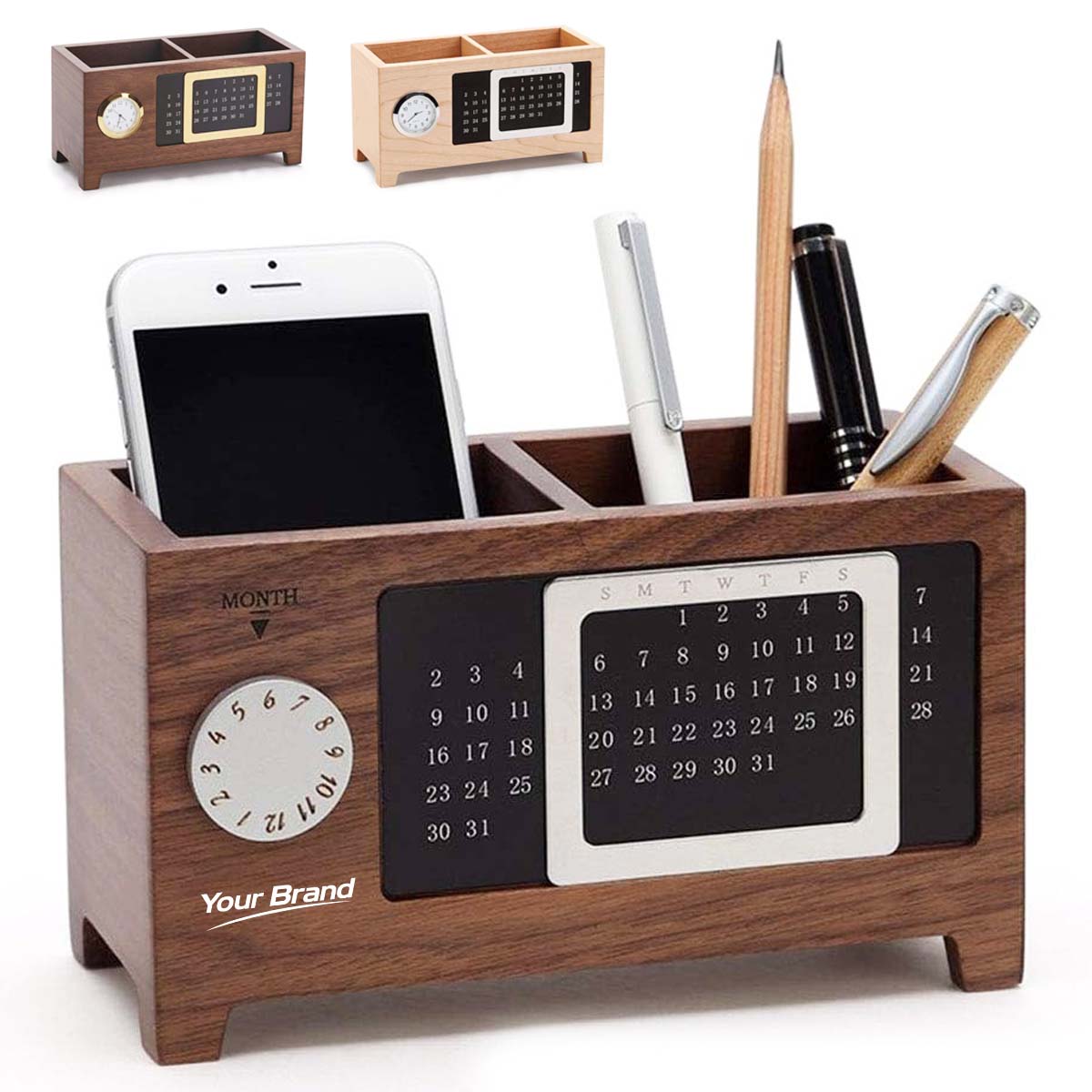 Luxury Wooden Desk Organizer with Calendar & Clock