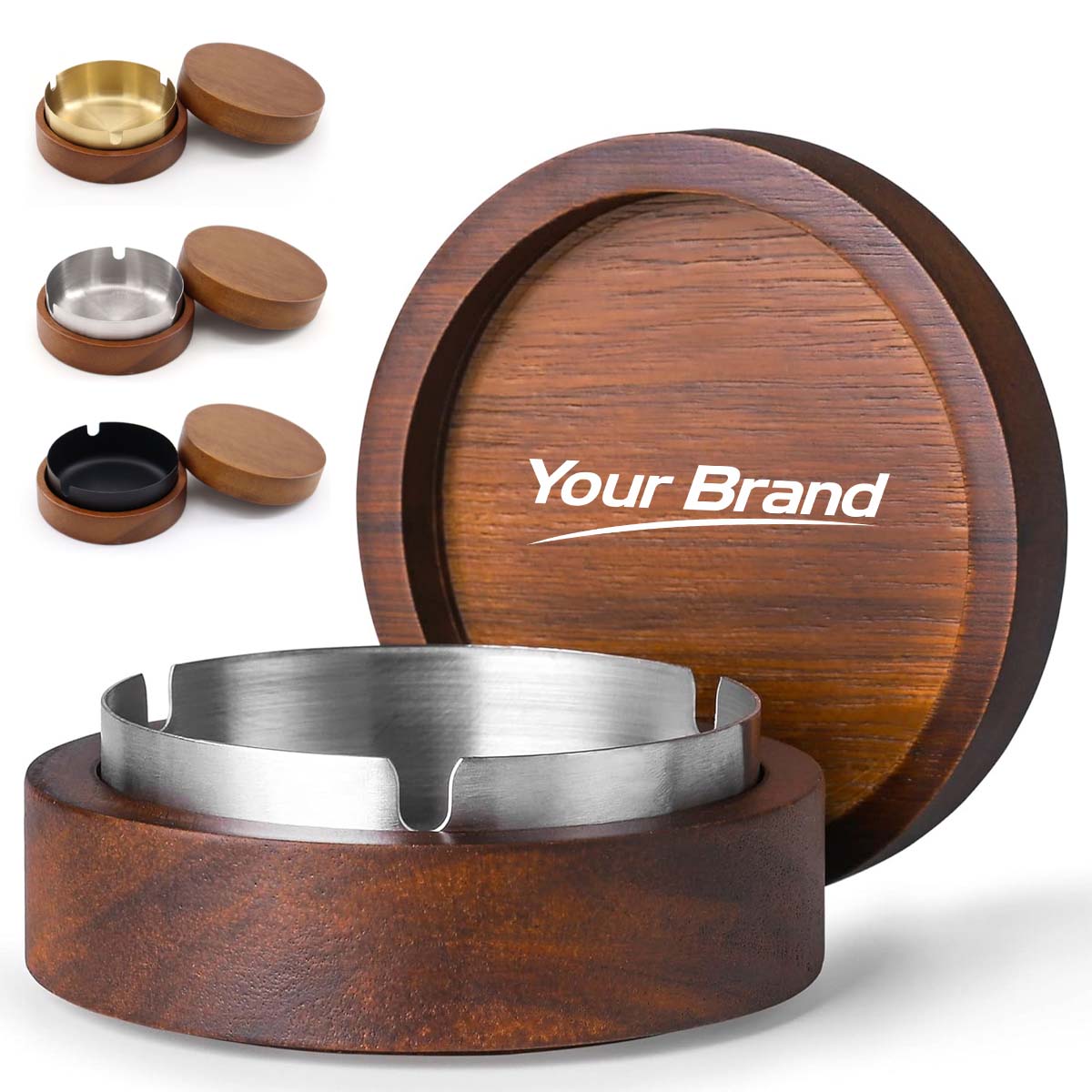 Wood and Stainless Steel Ashtray with Lid
