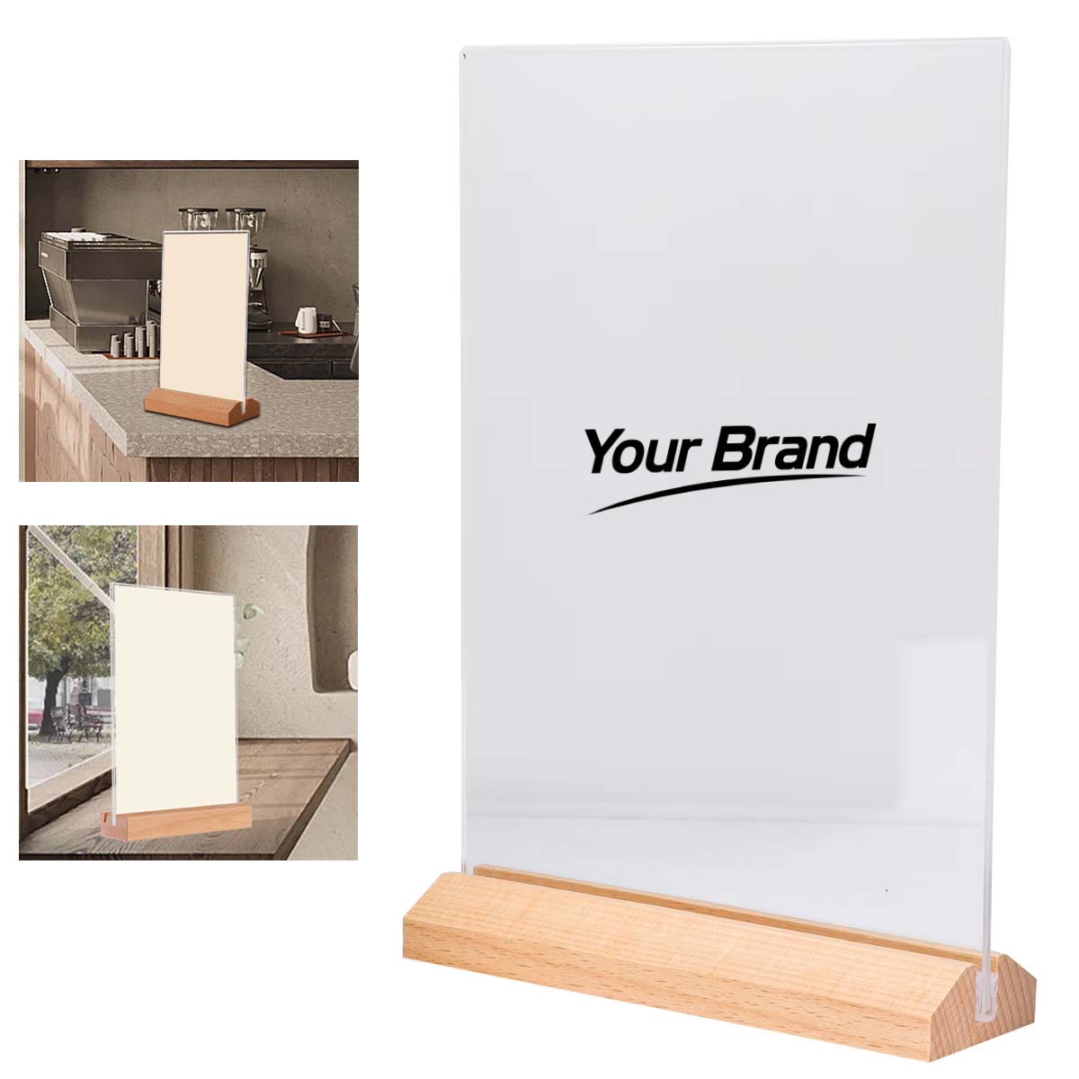 Acrylic Display Stand w/ Wooden Base A4 Vertical Sign Holder