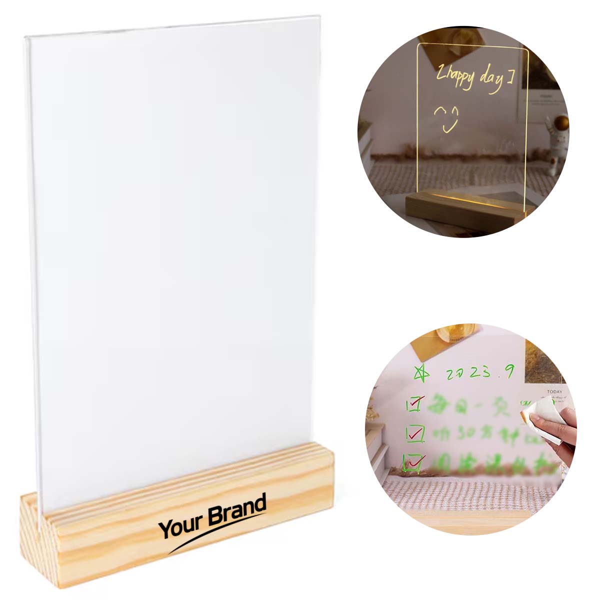 LED Acrylic Message Board with Wooden Base