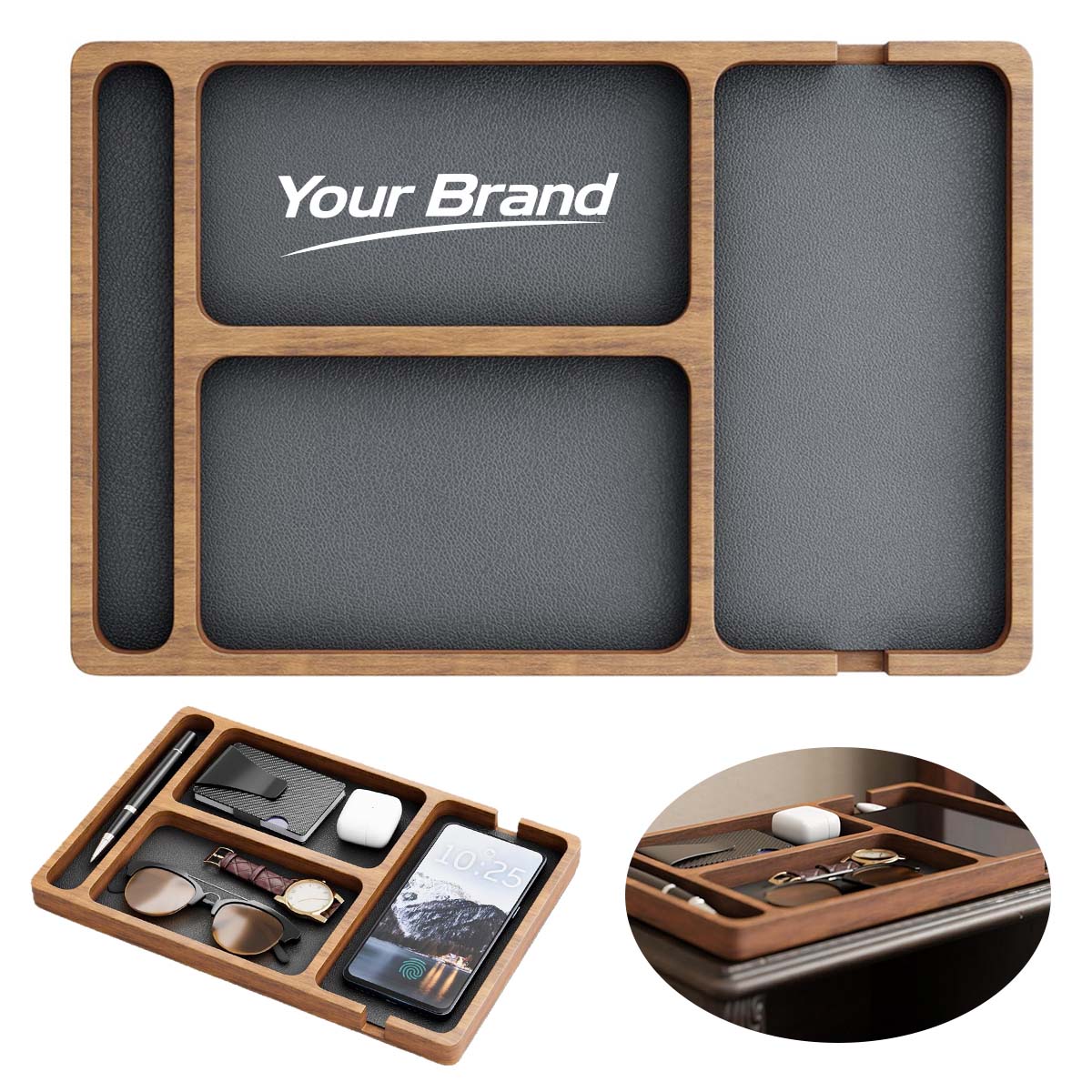 Wooden Desk Organizer Tray For Phone Wallet Accessories