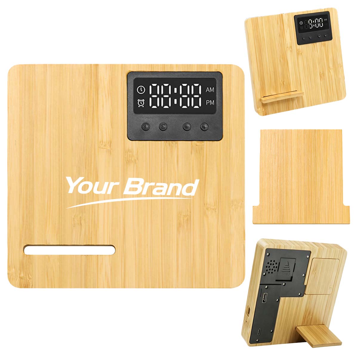 Bamboo Wireless Charging Phone Stand Clock Station