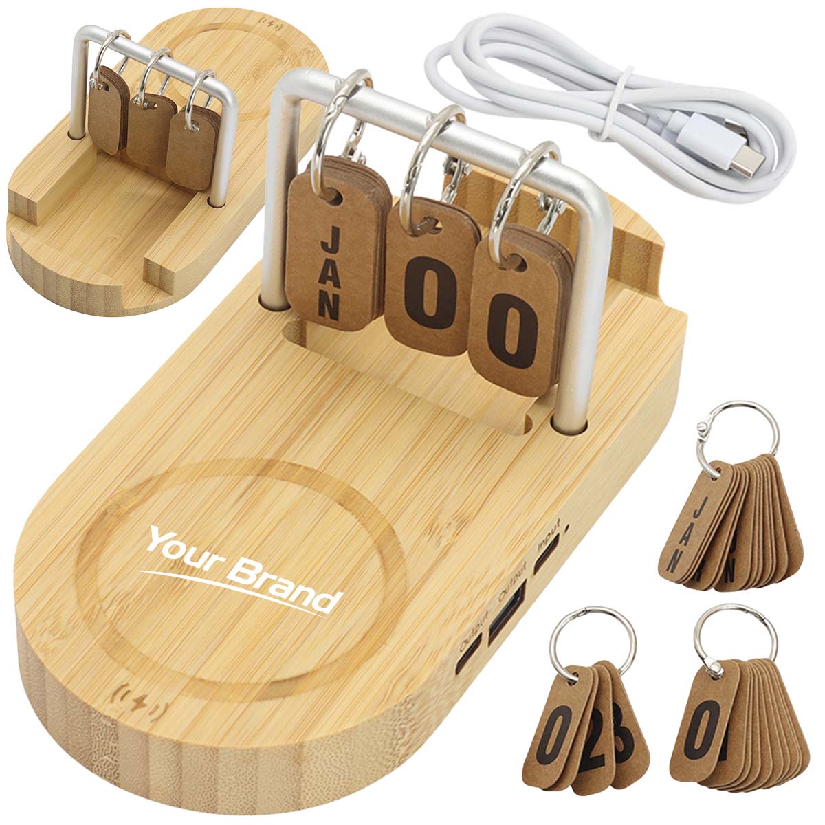 Bamboo Wireless Charger Perpetual Calendar Desk Organizer