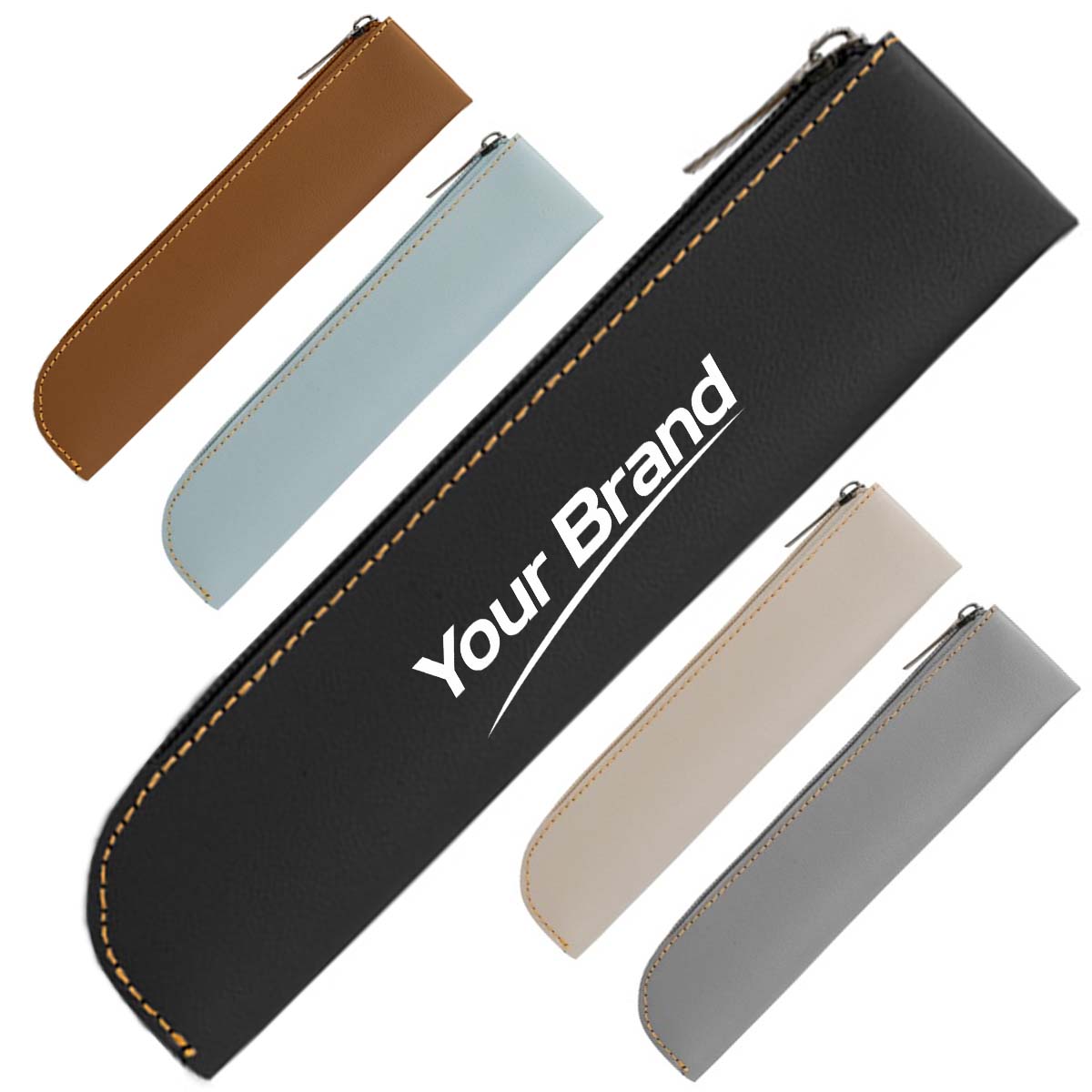 Slim PU Leather Zipper Pen Pouch Organizer