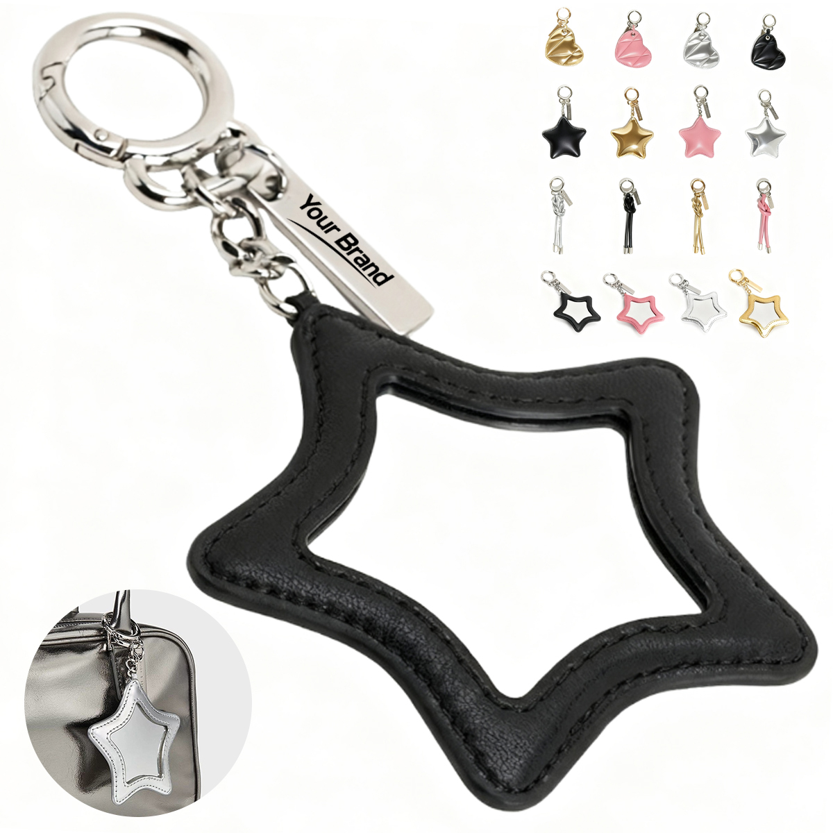 Star Shaped Leather Compact Mirror Keychain Bag Charm