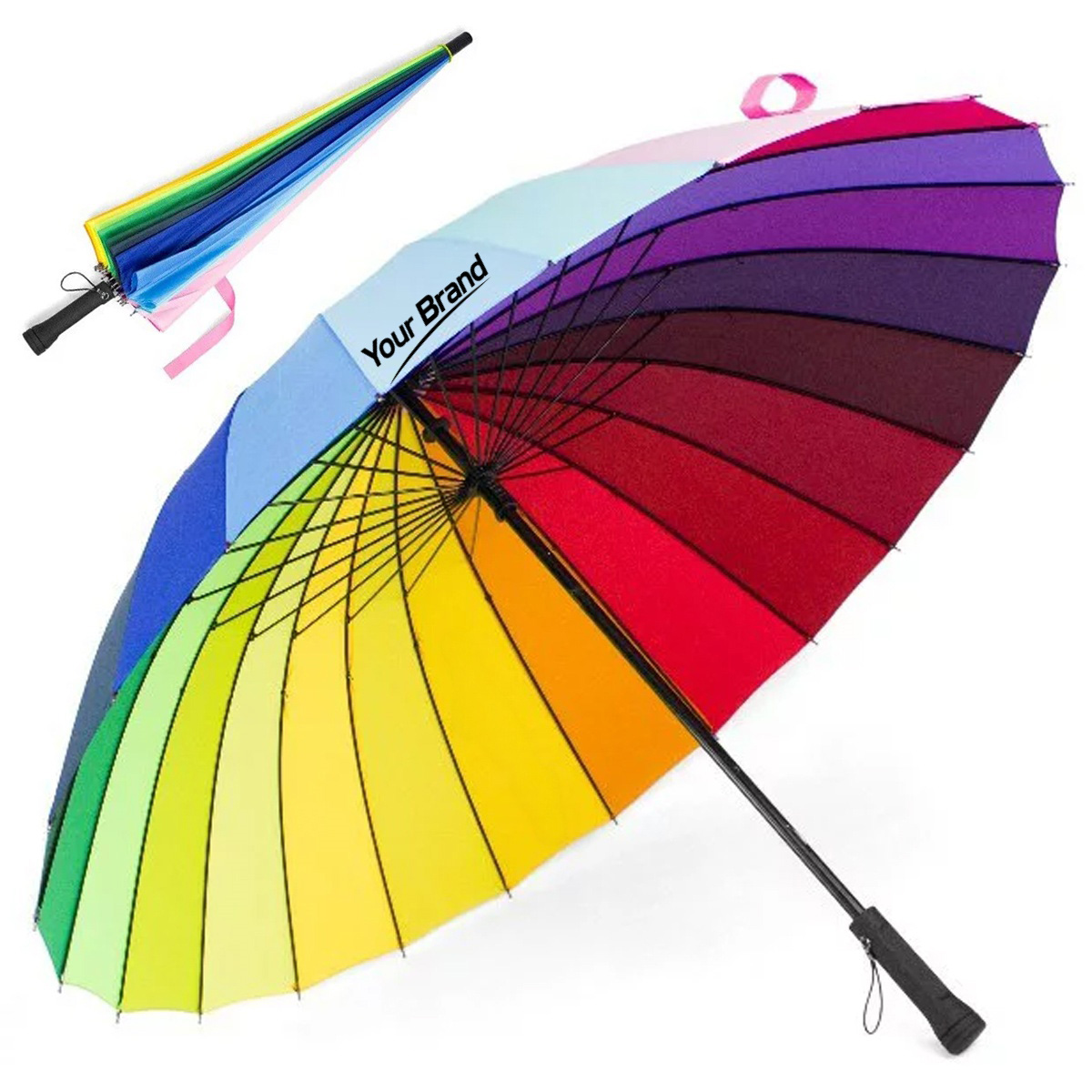 39" Windproof Rainbow Stick Umbrella With Curved Handle