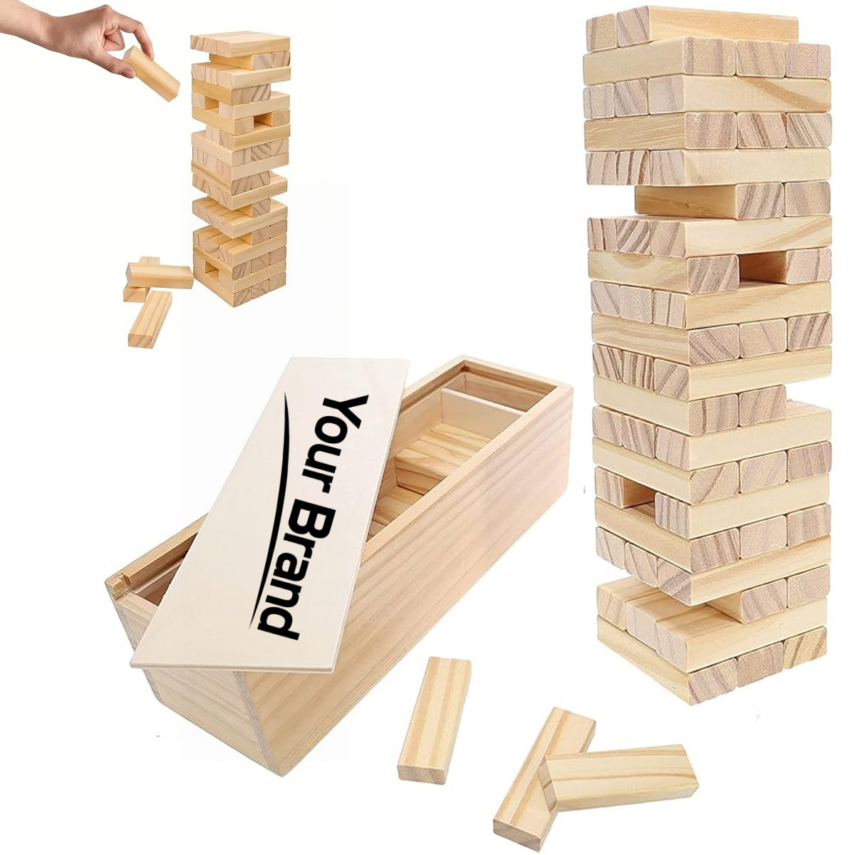 Wood Tumbling Tower Game Set In Sliding Lid Box