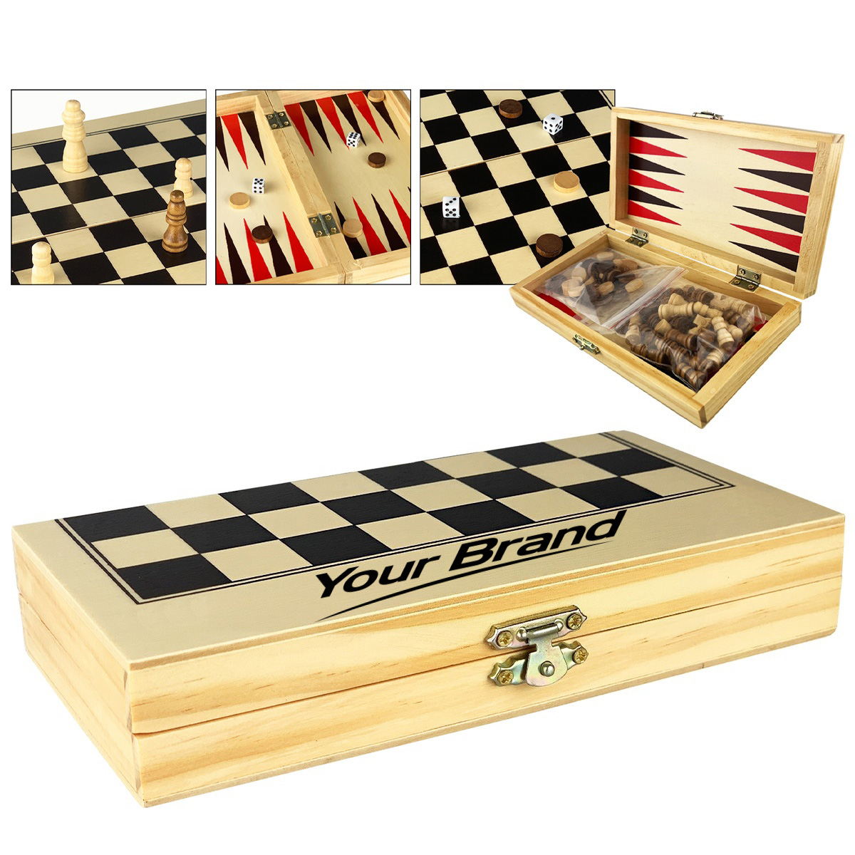 Wooden Chess Checkers Backgammon Game Set Folding Board