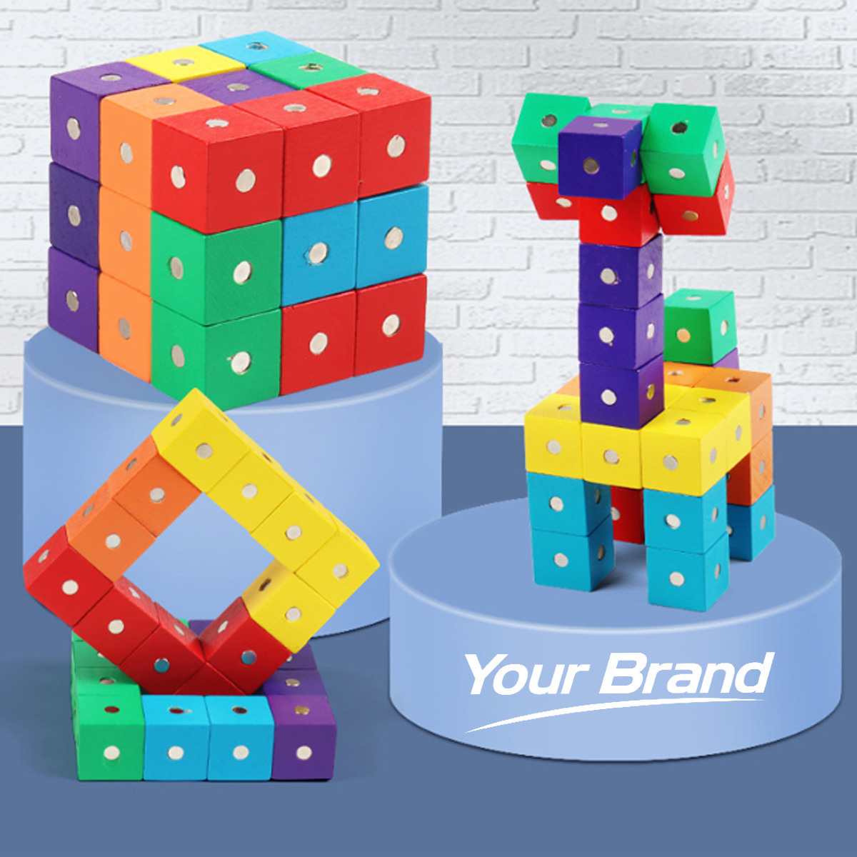 Magnetic Wooden 3D Building Block Cube Puzzle Set