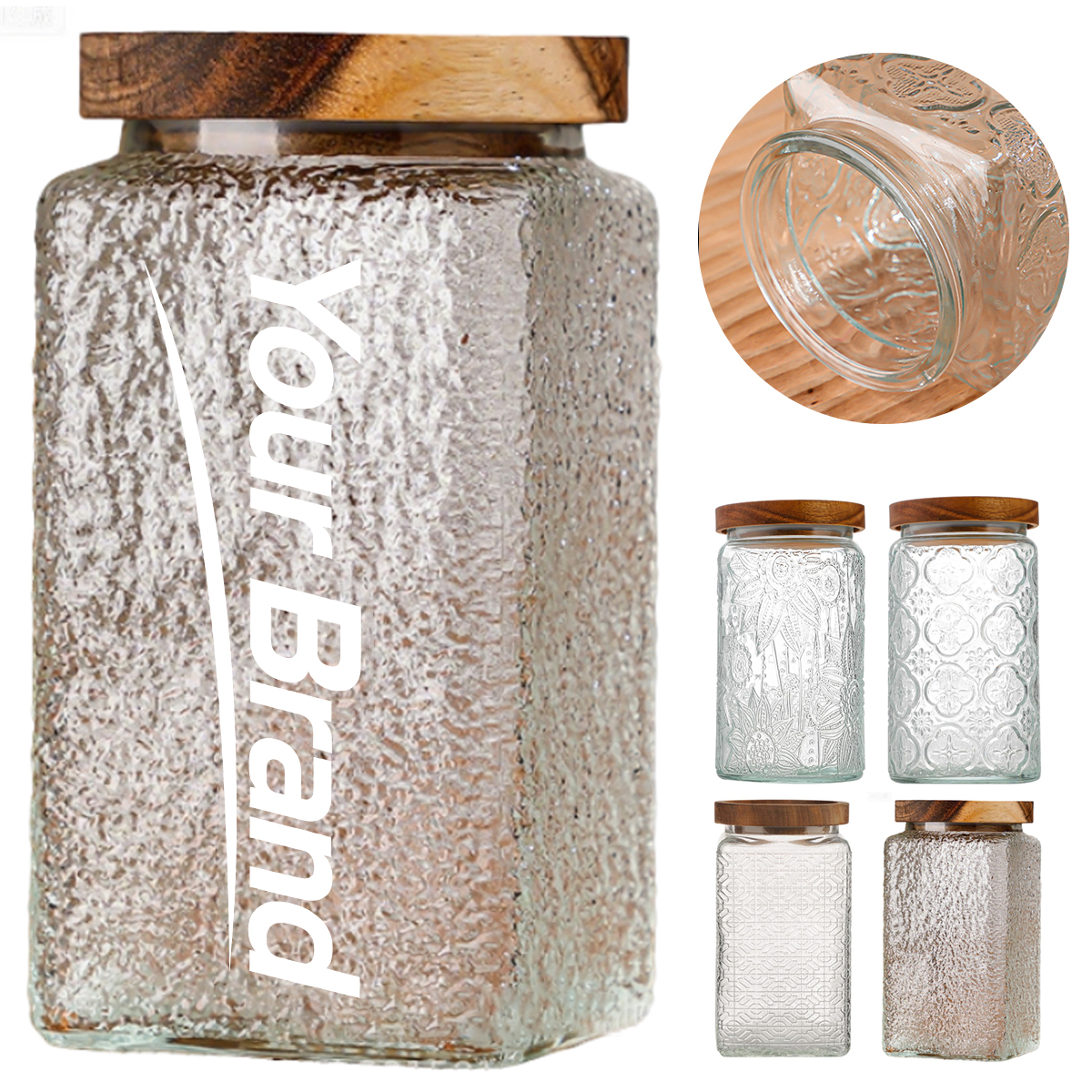34oz. Vintage Embossed Square Glass Storage Jar w/Wooden Lid