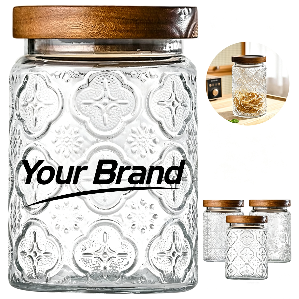 25.5oz. Ribbed Glass Storage Jar w/ Bamboo Lid & Ring Handle