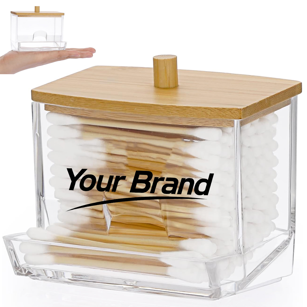 Compact Acrylic Cotton Swab & Pad Dispenser with Bamboo Lid