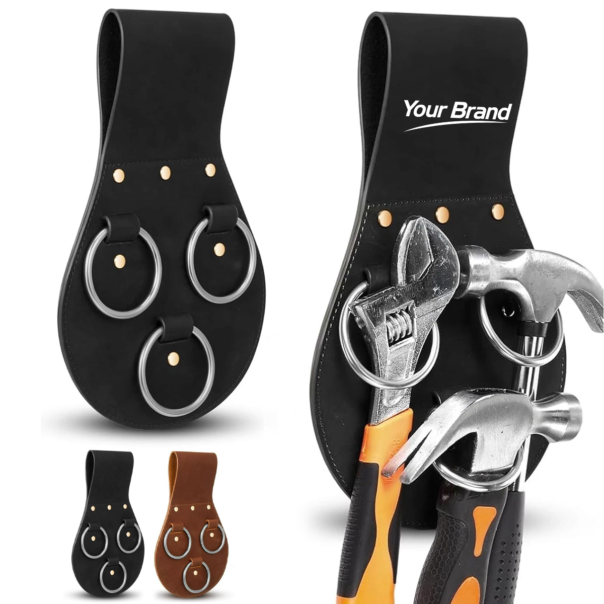 Leather Belt Loop Tool Holster with 3 Metal Ring Hangers