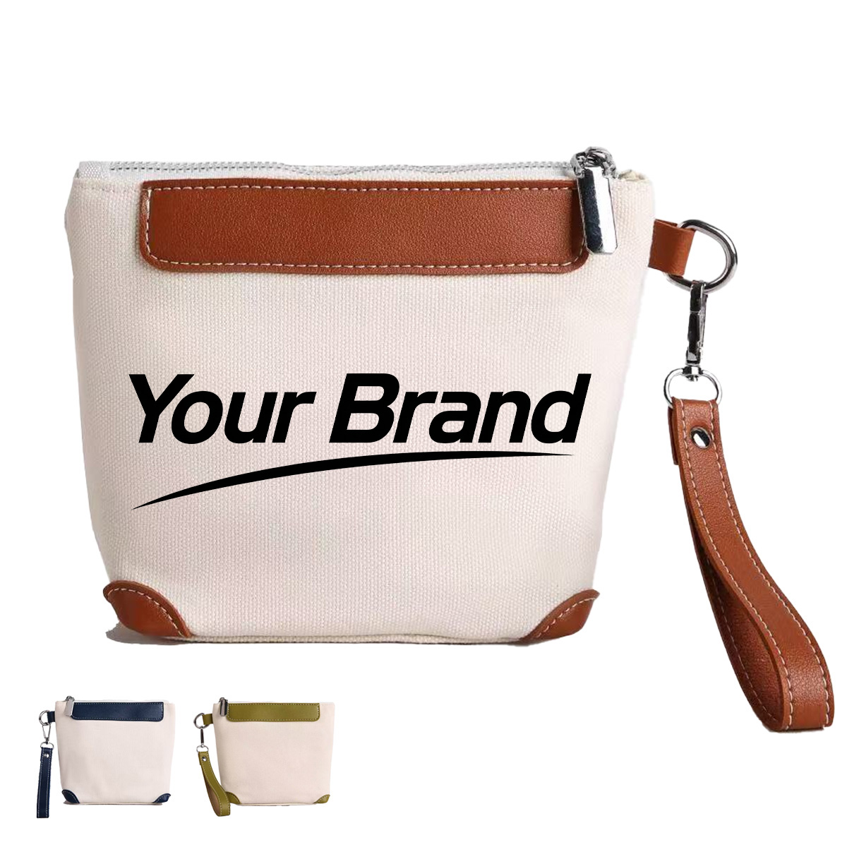 Compact Canvas Wristlet Pouch with Vegan Leather Trim