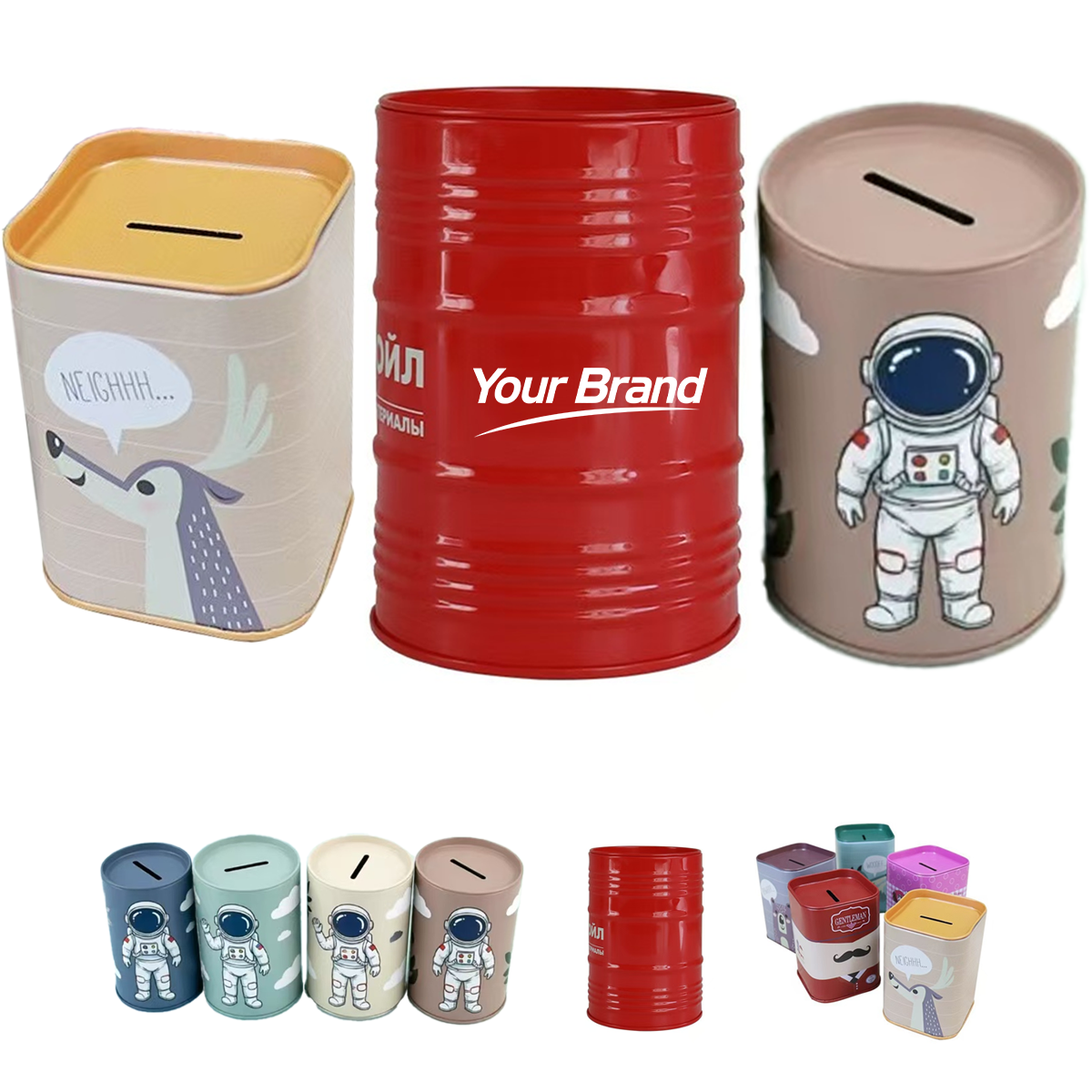Custom Round Metal Coin Bank and Hinged Storage Tin