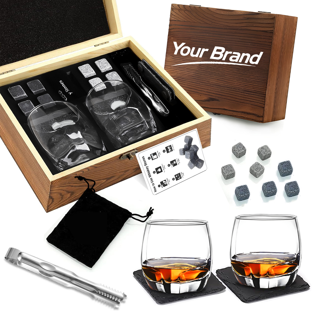 2-Person Whiskey Gift Set w/ Glasses & Stones & Coasters