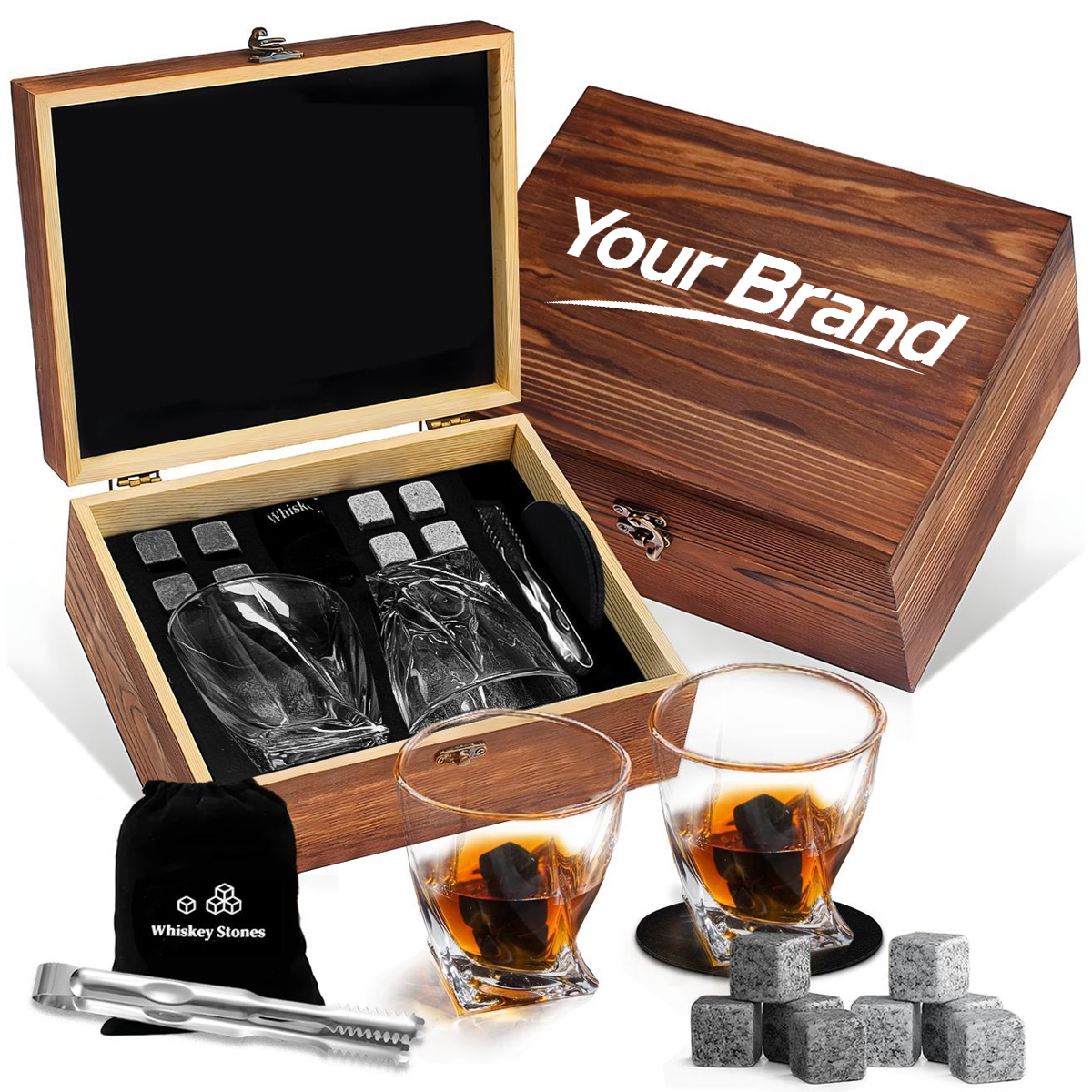 Deluxe Whiskey Gift Set w/ Glasses & Stones & Felt Coasters