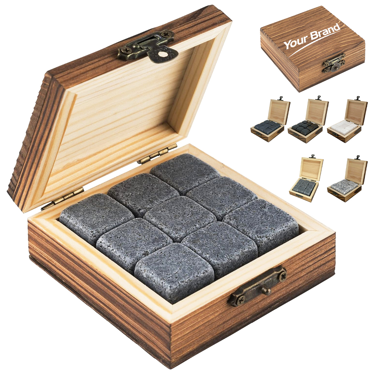 9-Piece Granite Whiskey Stone Set in Wooden Storage Box